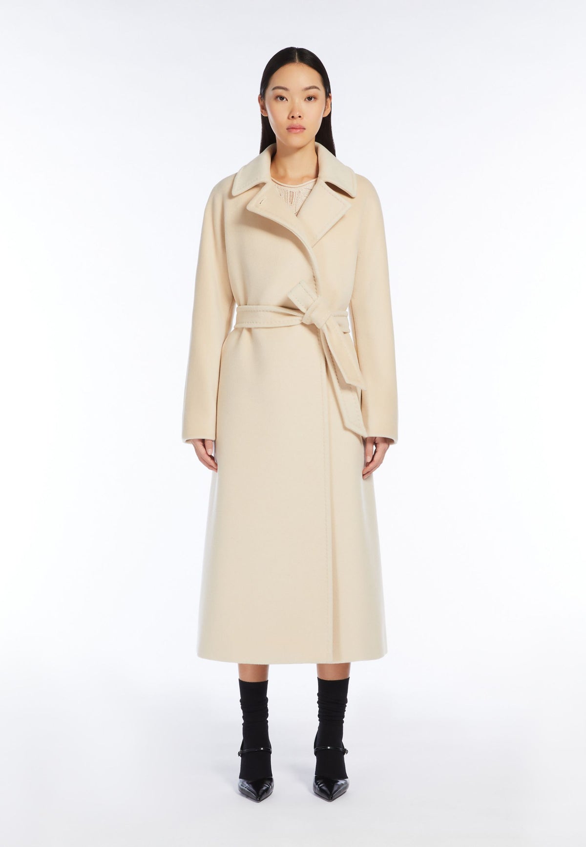 Max Mara Studio - Cappotto lungo in panno di castoro di pura lana vergine con cintura 