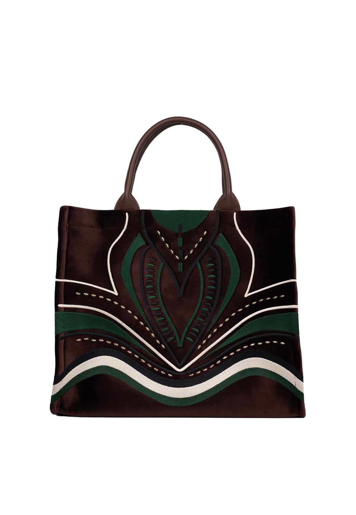 Cromia - Borsa Tote in Pelle con Ricami Multicolor Marrone e Verde 