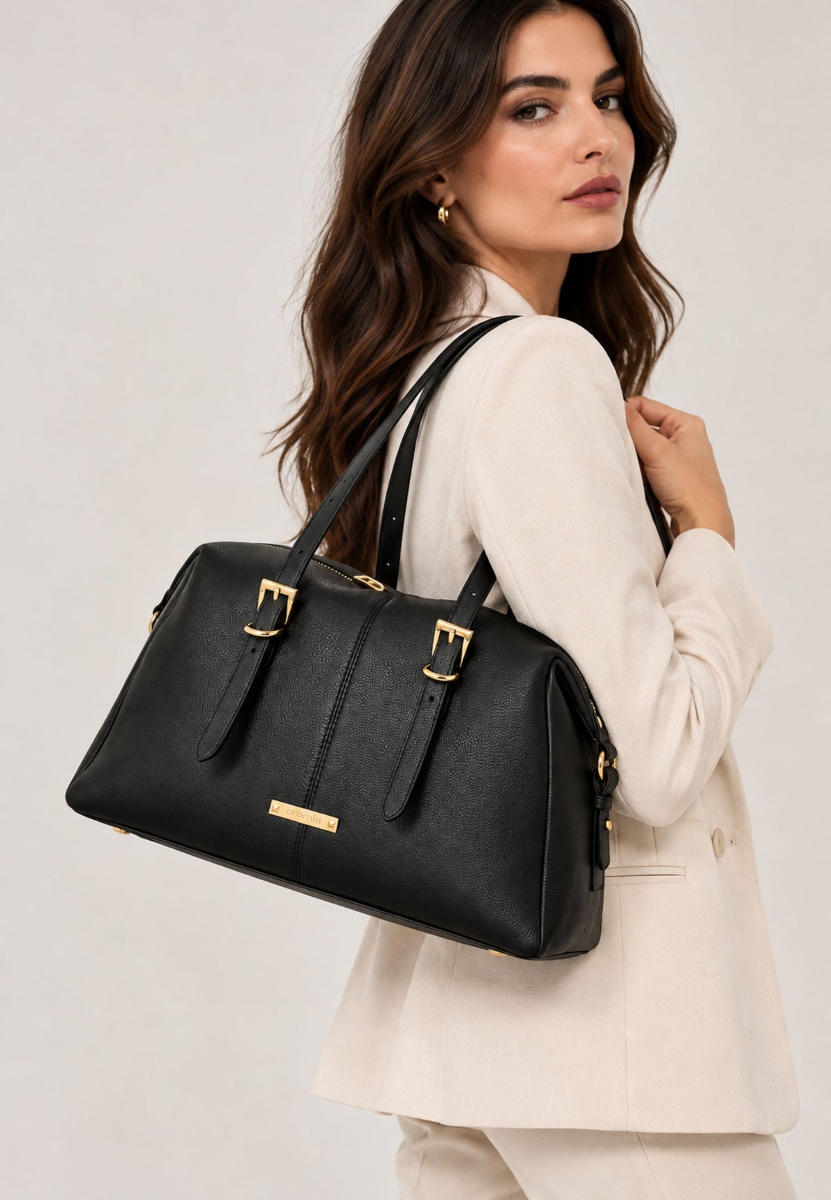 Cromia Flavie Borsa Bauletto in Vera Pelle Nera con Tracolla 