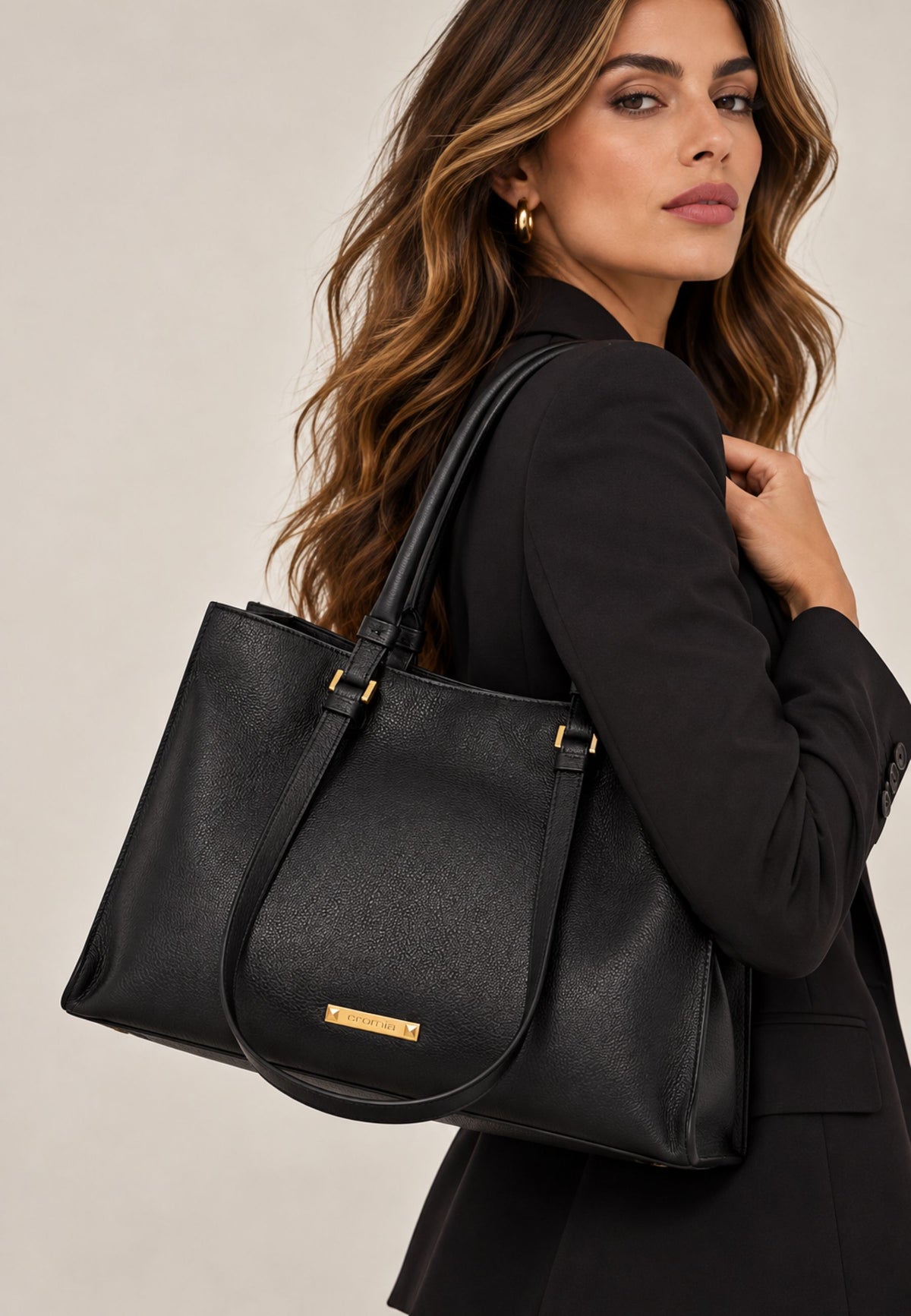 Cromia Borsa Axis Shopper in Vera Pelle Nera con Doppi Manici 