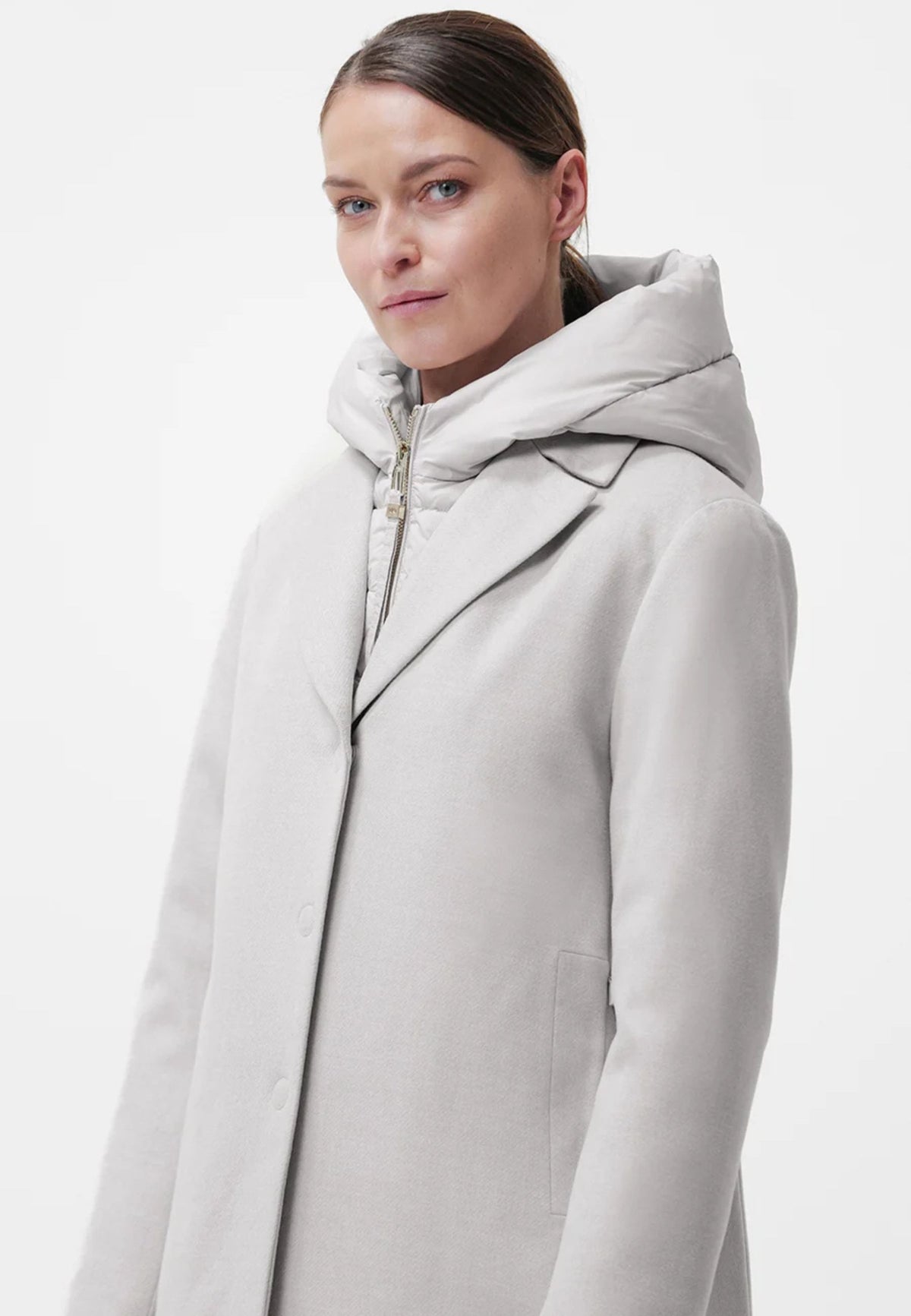 DUNO ARTEMIDE - Cappotto Donna in Lana Tecnica con Pettorina Removibile e Cappuccio 