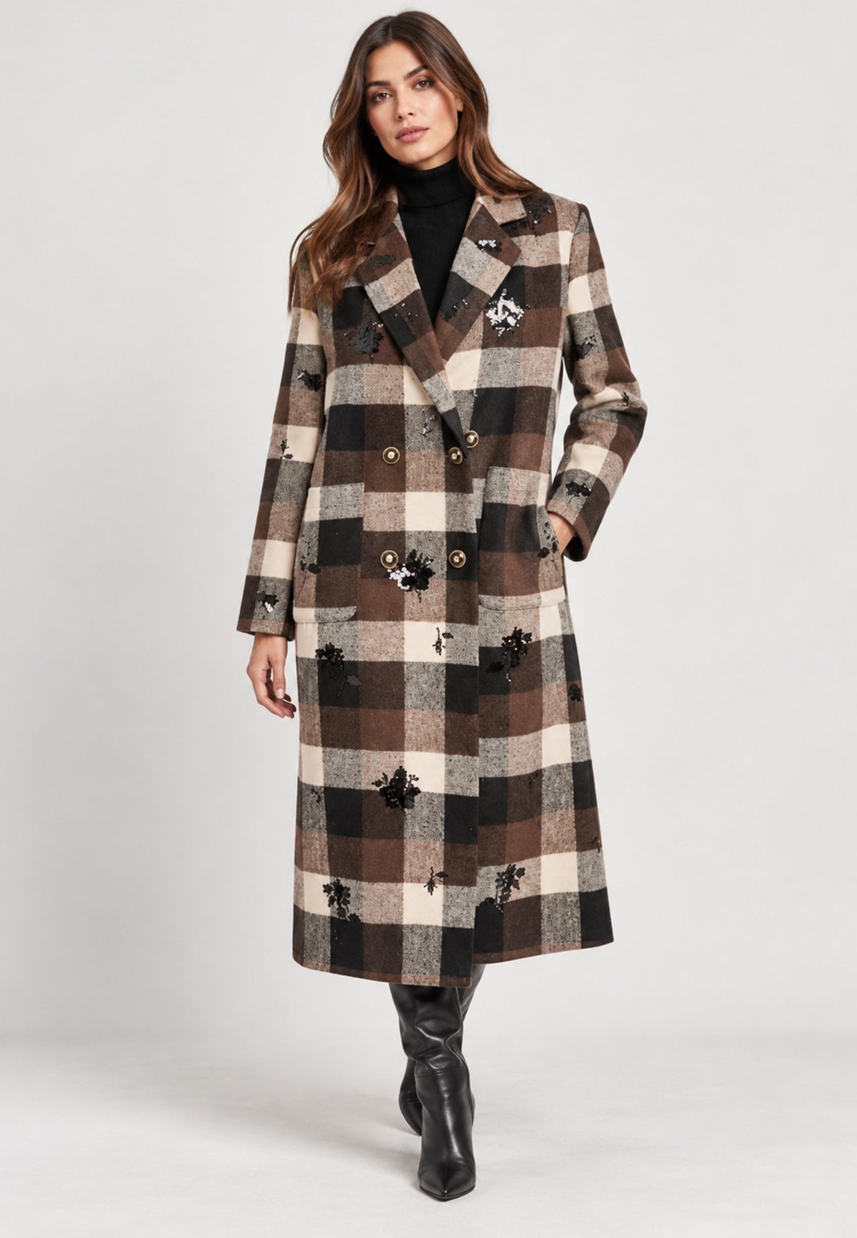 Fracomina - Cappotto lungo check con applicazioni 