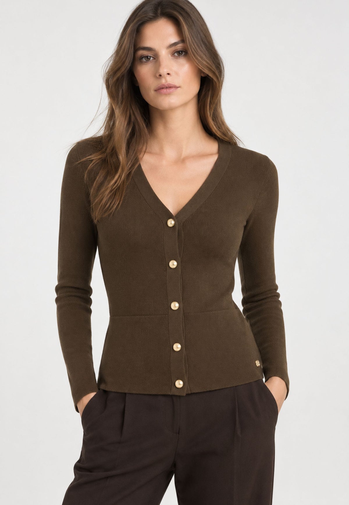 Fracomina Cardigan in Viscosa con Bottoni Gioiello - Marrone 
