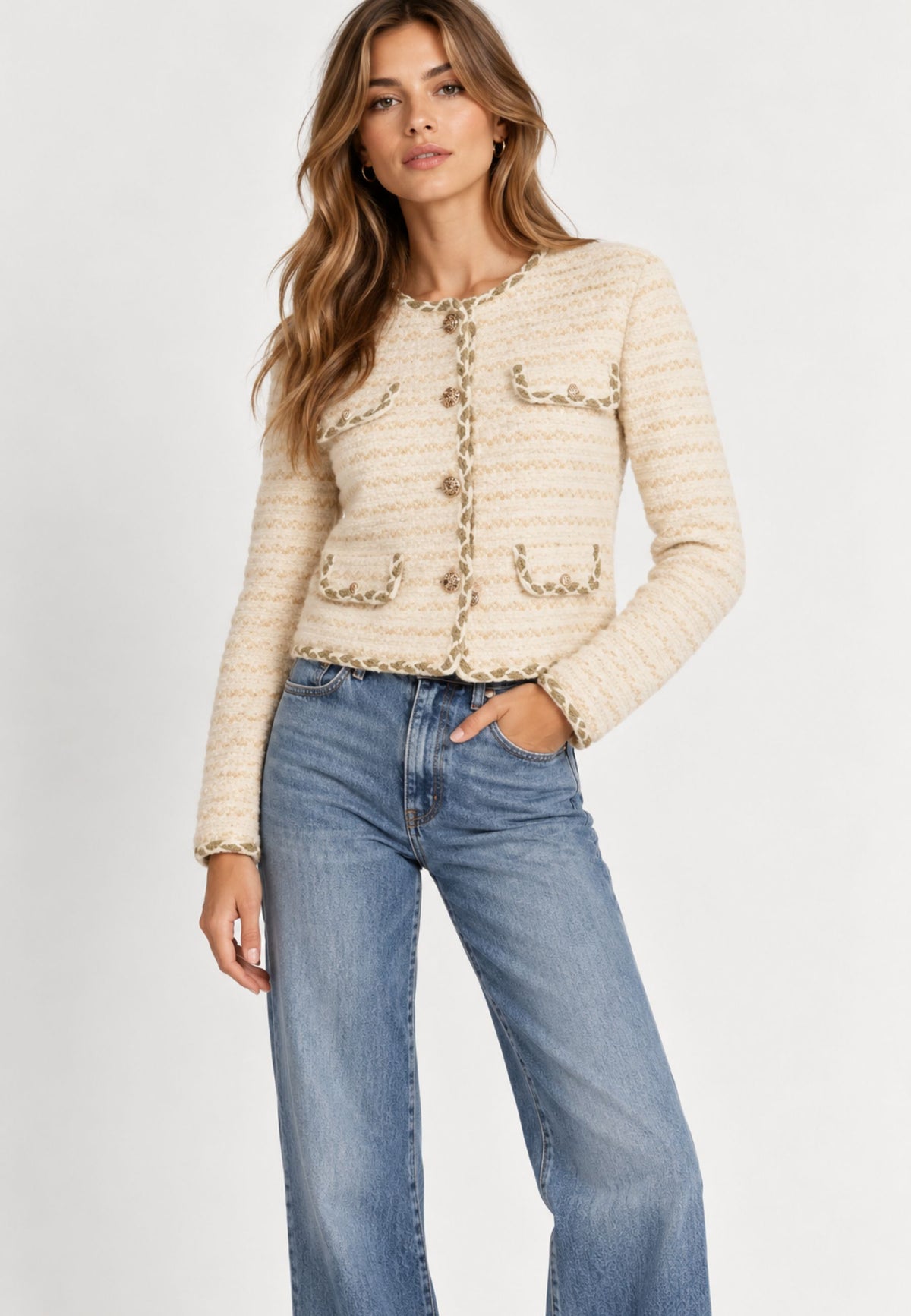 Fracomina Cardigan Bouclé con Tasche - Panna 