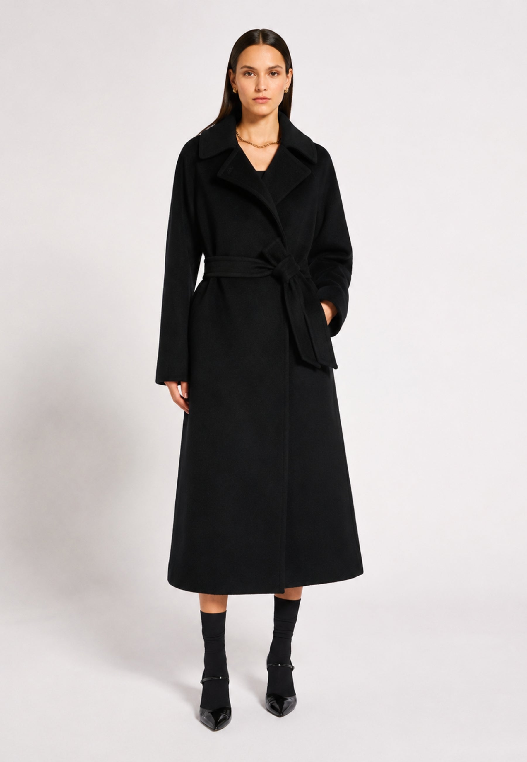 Max Mara Studio - Cappotto lungo in panno di castoro di pura lana vergine con cintura 
