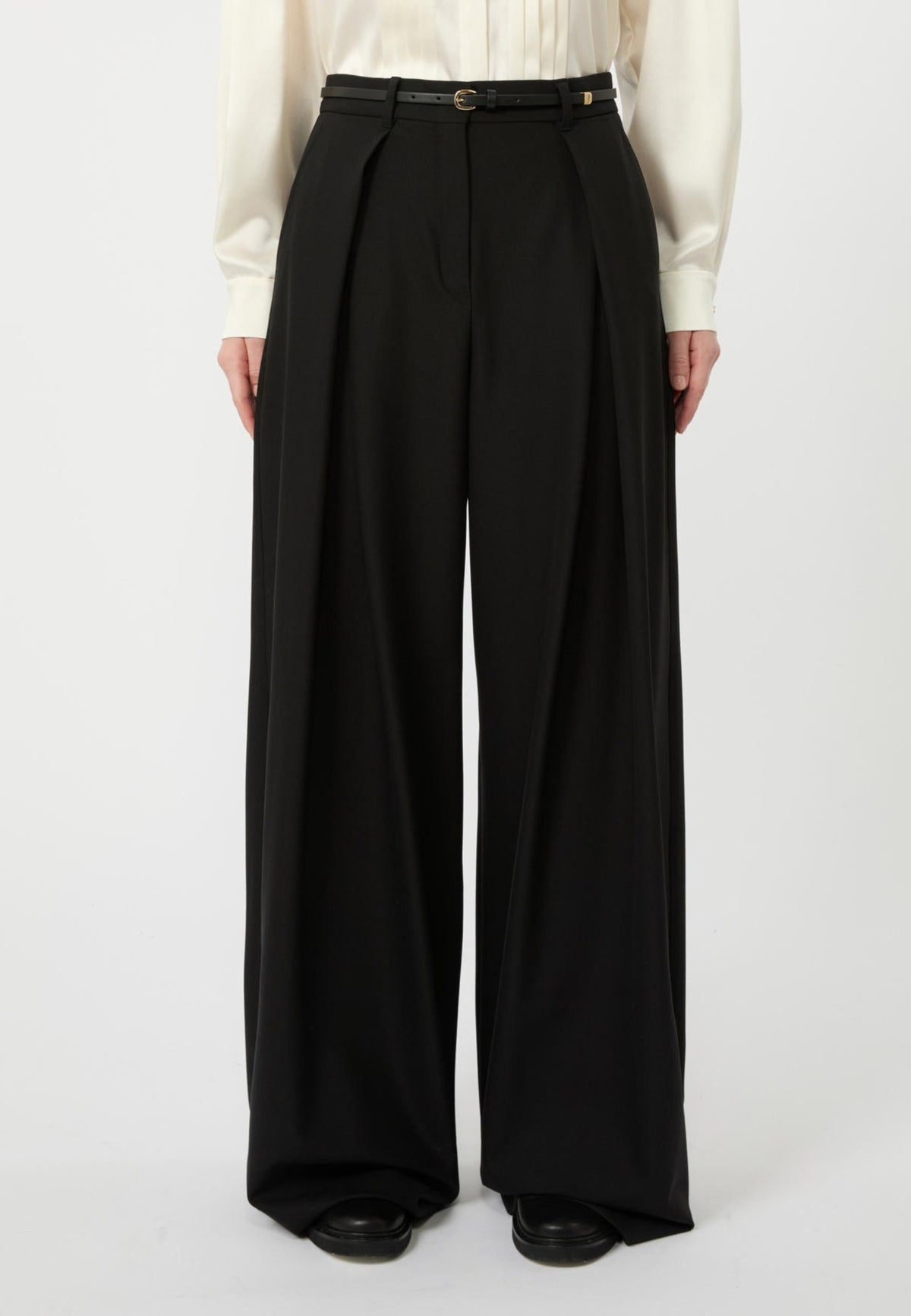 Max Mara Studio Pantalone Wide Leg in Lana Stretch con Cintura 