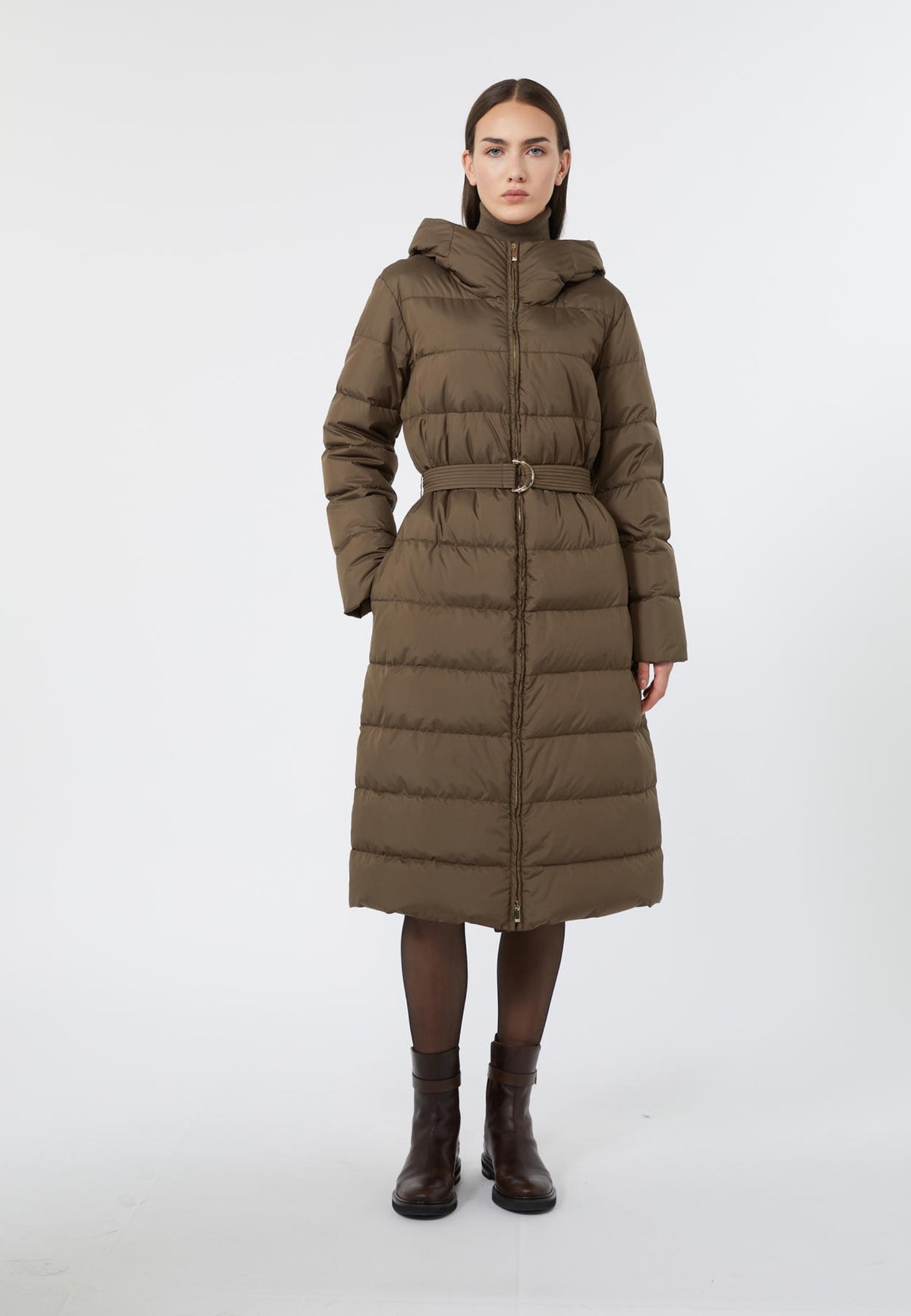 Max Mara Studio - Piumino lungo in piuma d'oca con cintura 