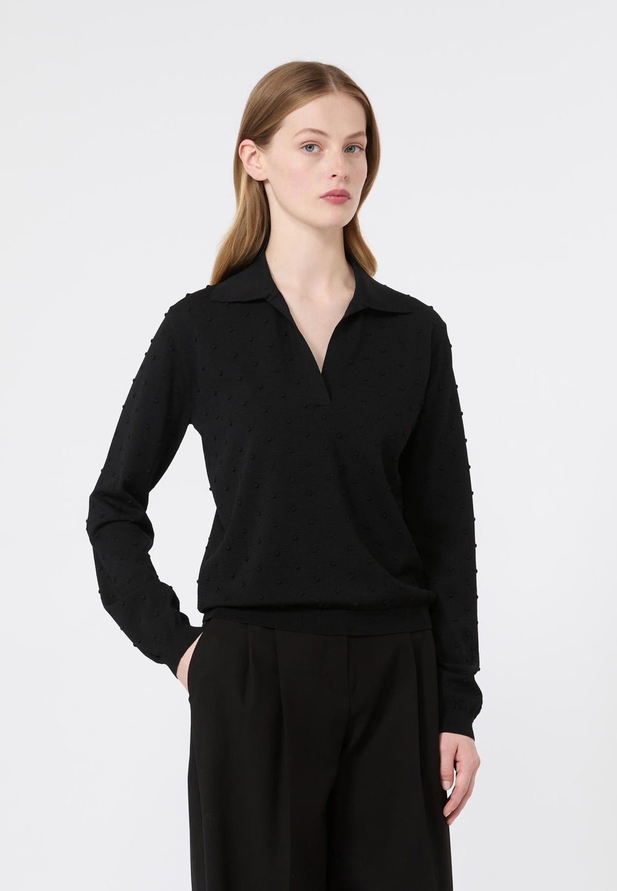 Max Mara Studio - Maglia polo in viscosa crêpe stretch con motivo a rilievo - Nero 