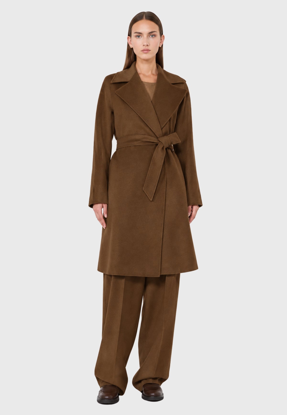 Max Mara Studio - Cappotto a vestaglia in drap di pura lana Cuoio 