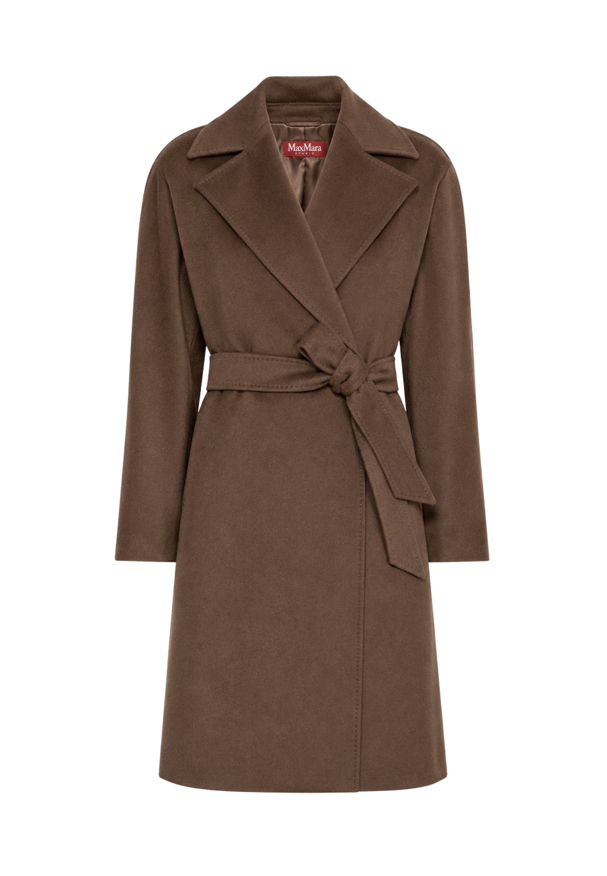 Max Mara Studio - Cappotto a vestaglia in drap di pura lana Castagna 
