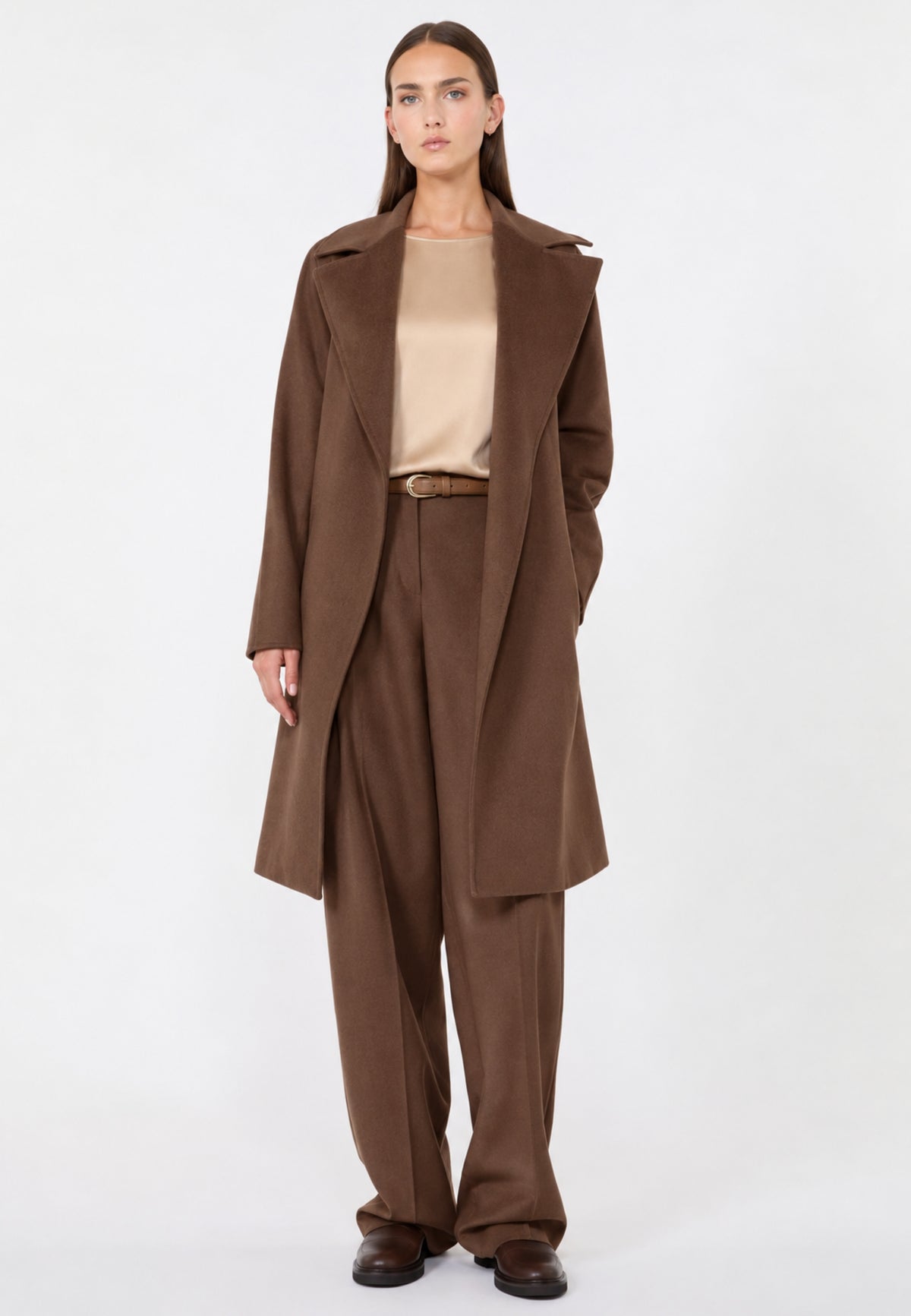 Max Mara Studio - Cappotto a vestaglia in drap di pura lana Castagna 