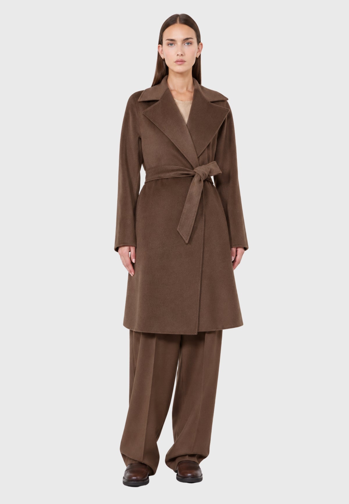 Max Mara Studio - Cappotto a vestaglia in drap di pura lana Castagna 