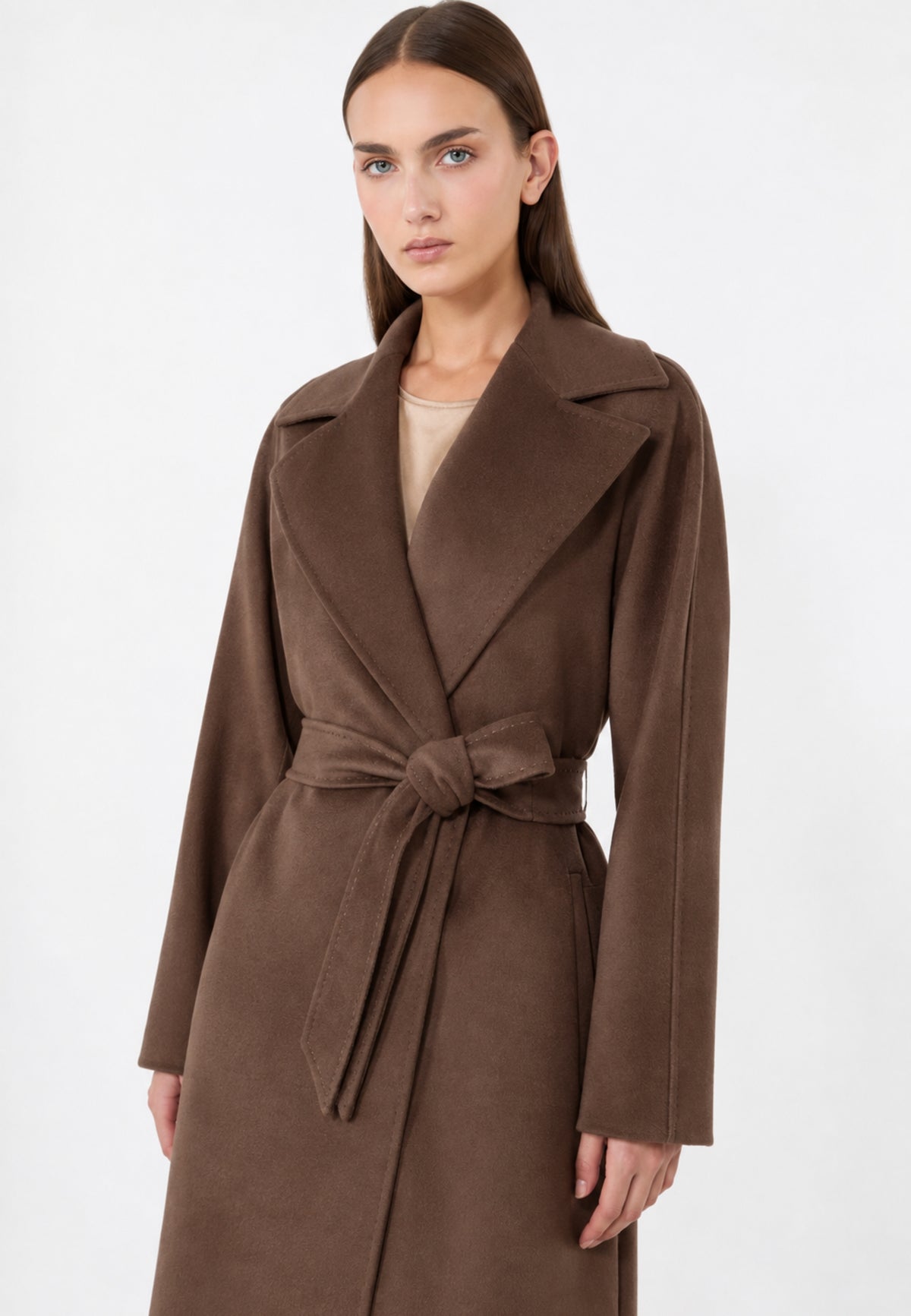 Max Mara Studio - Cappotto a vestaglia in drap di pura lana Castagna 