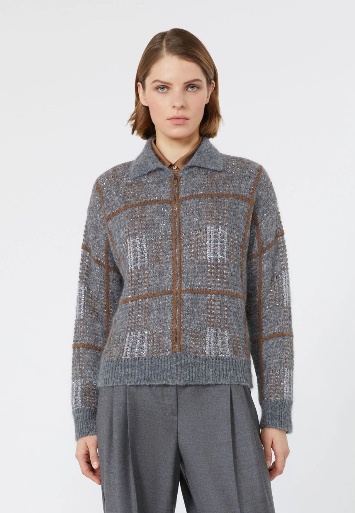 MAX MARA STUDIO - Cardigan Donna Jacquard in Lana, Mohair e Cashmere con Zip - Grigio Medio 