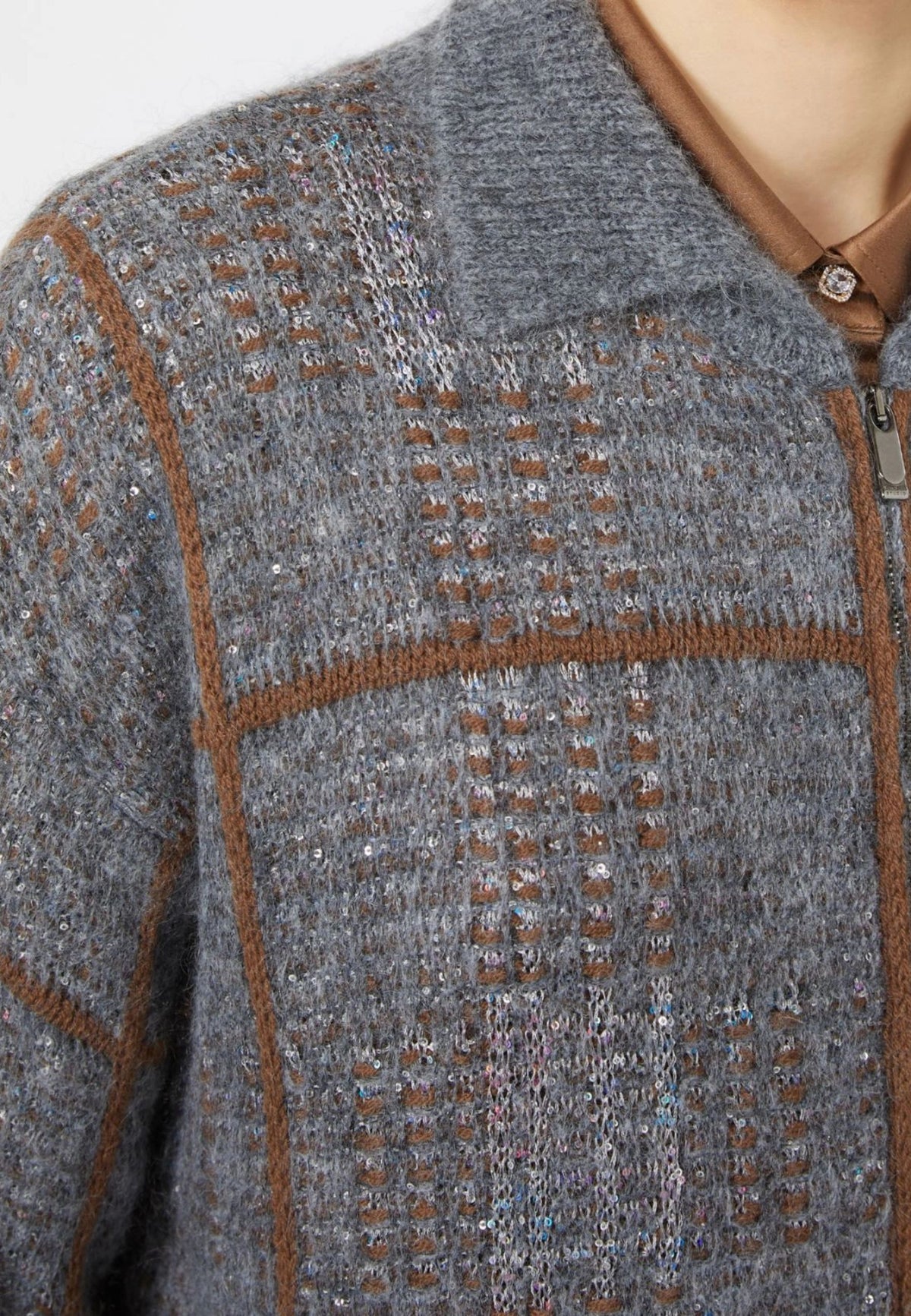 MAX MARA STUDIO - Cardigan Donna Jacquard in Lana, Mohair e Cashmere con Zip - Grigio Medio 