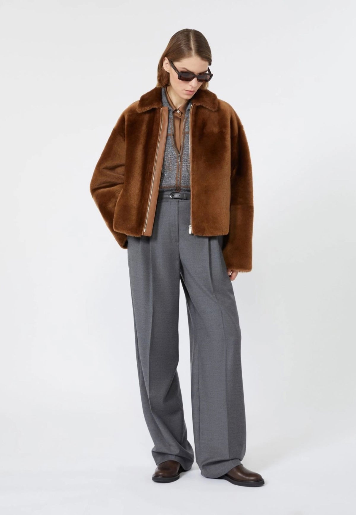 Max Mara Studio Pantalone Maschile in Flanella di Lana Grigio Scuro 