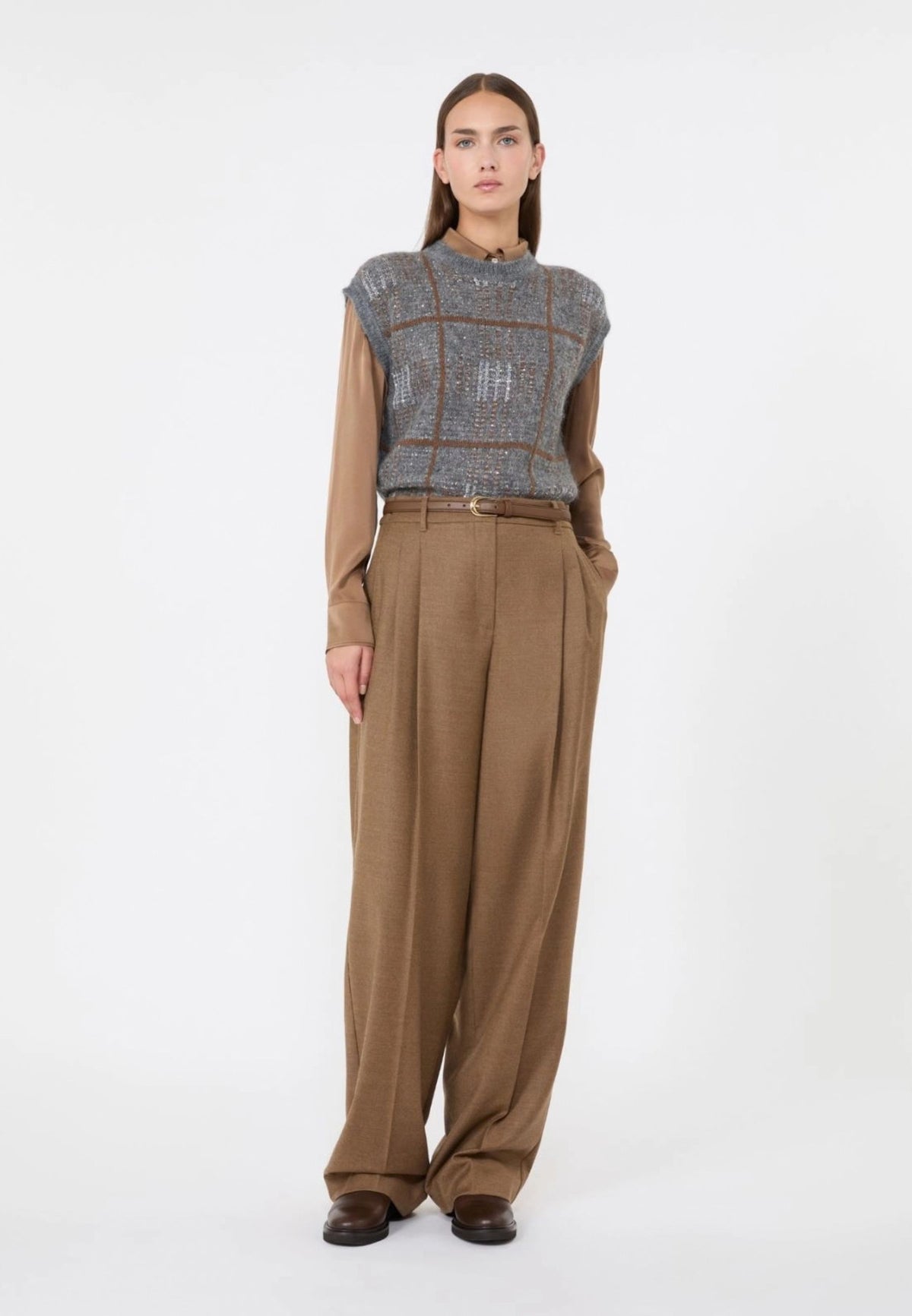 Max Mara Studio Pantalone Maschile in Flanella di Lana Cuoio 
