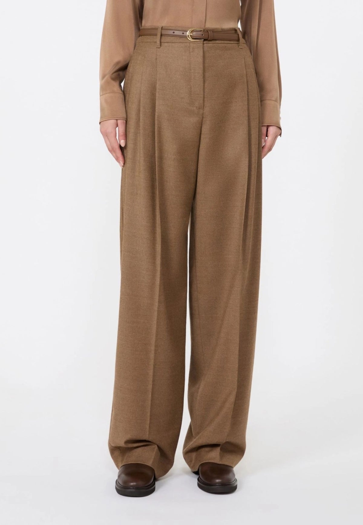Max Mara Studio Pantalone Maschile in Flanella di Lana Cuoio 