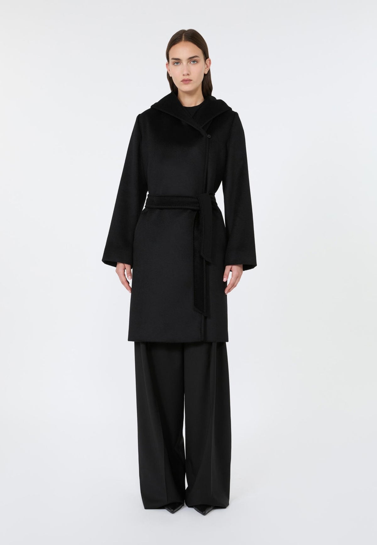 Max Mara Studio Cappotto Midi a Vestaglia in Pura Lana con Cappuccio 