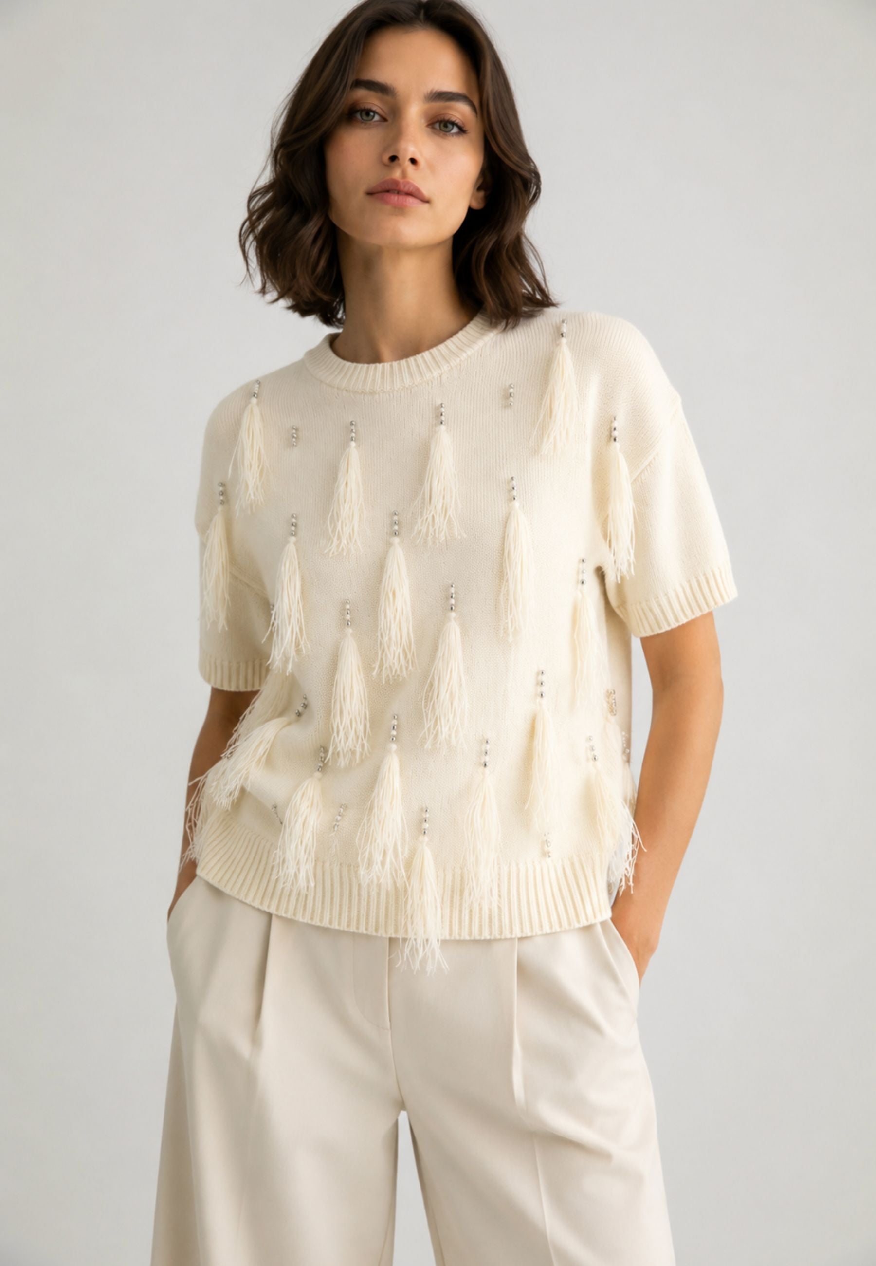MAX MARA STUDIO - Maglia OBLÒ in lana e cashmere con piume e cristalli 