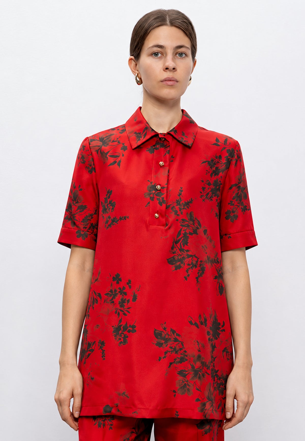 Max Mara Studio - Blusa in Pura Seta con Stampa Floreale Rossa 