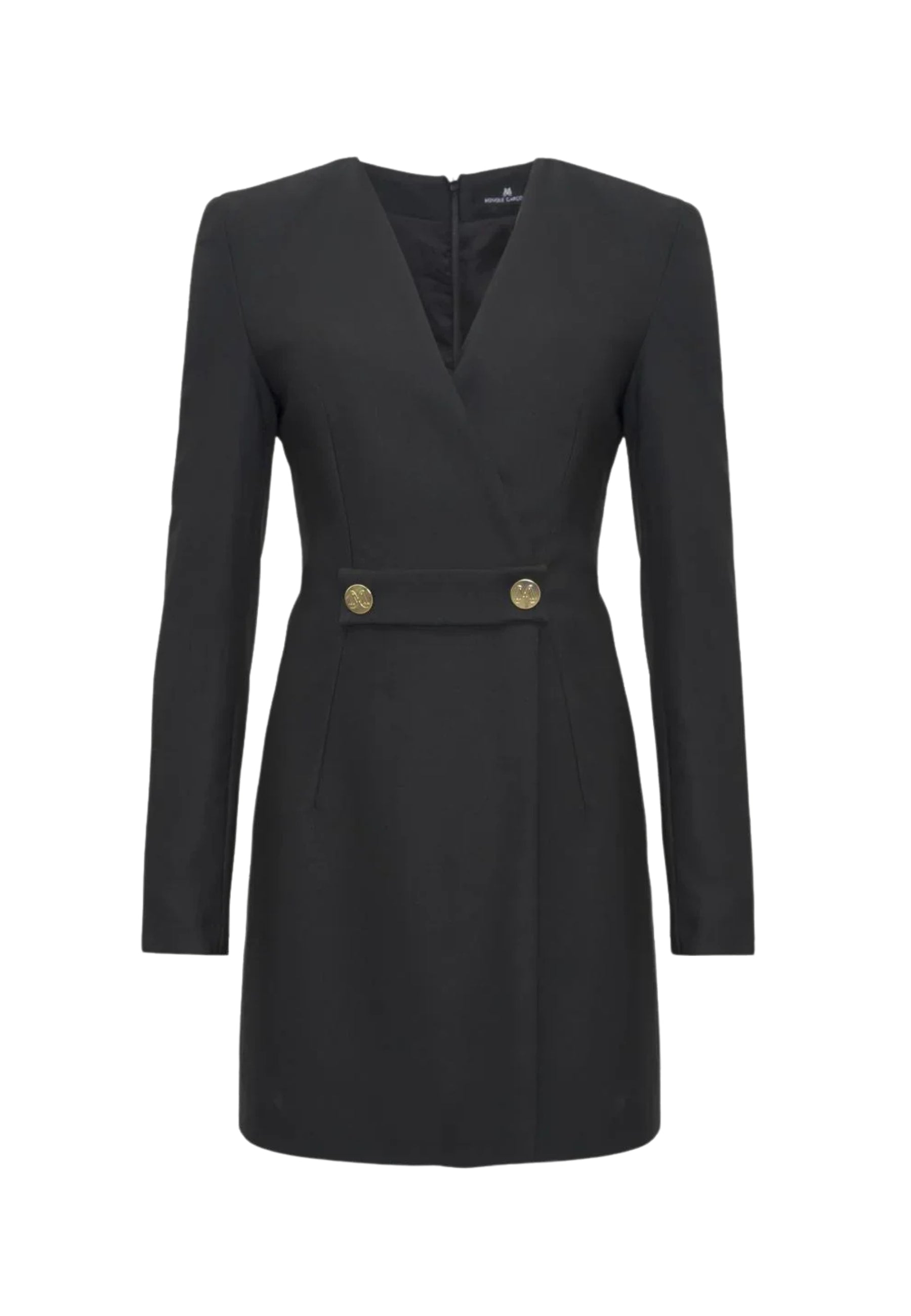 Monique Garçonne Abito Mini Aderente in Twill Tecnico con Bottoni Oro Nero 