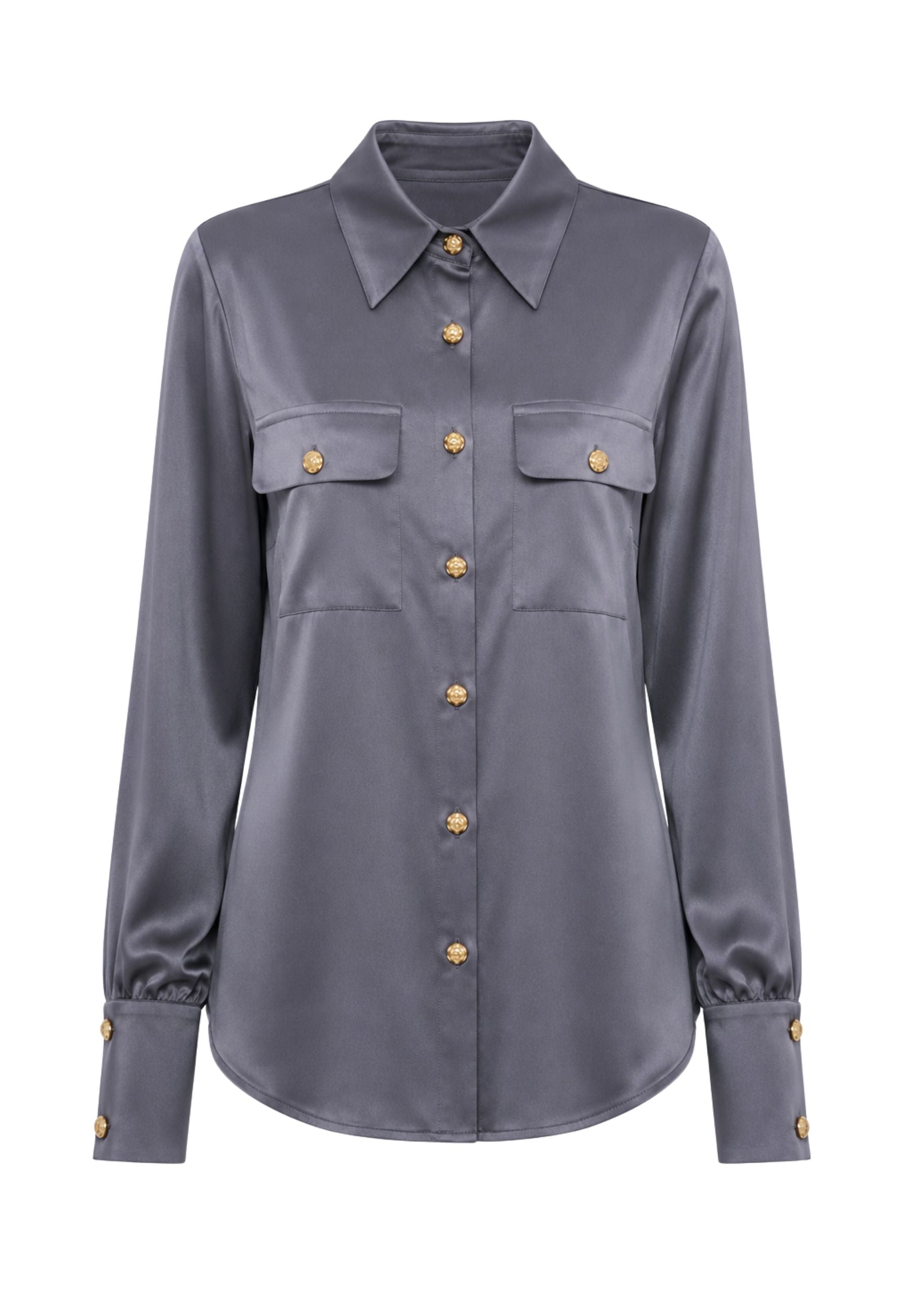 Monique Garçonne - Camicia in raso con pattine e bottoni gioiello 