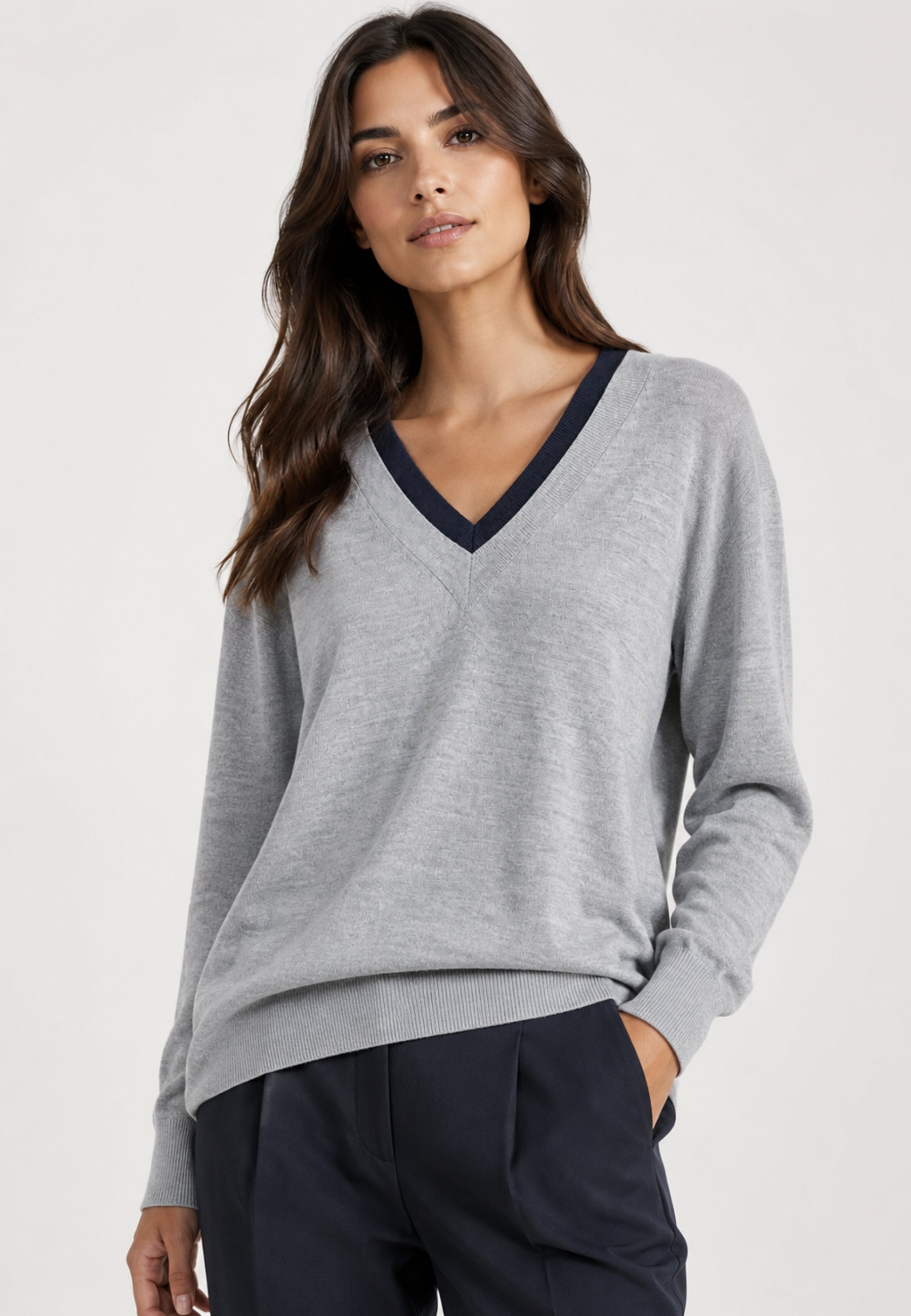 Paiise Maglia Donna Scollo a V in Misto Lana con Collo a Contrasto 