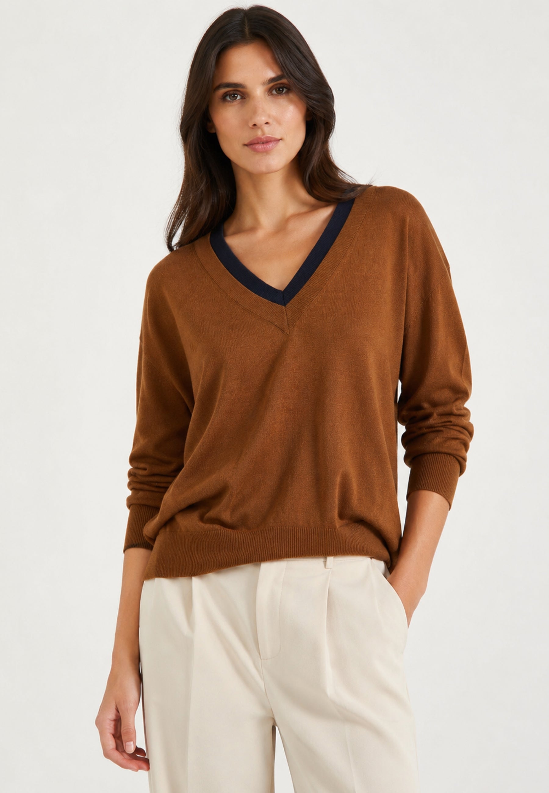 Paiise Maglia Donna Scollo a V in Misto Lana con Collo a Contrasto 
