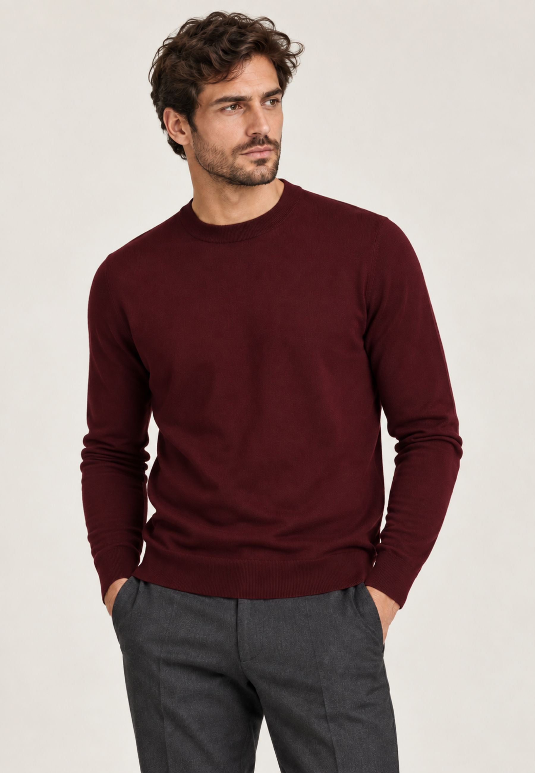 Paolo Pecora - Maglia Girocollo Uomo in Lana Merinos Extrafine - Bordeaux 