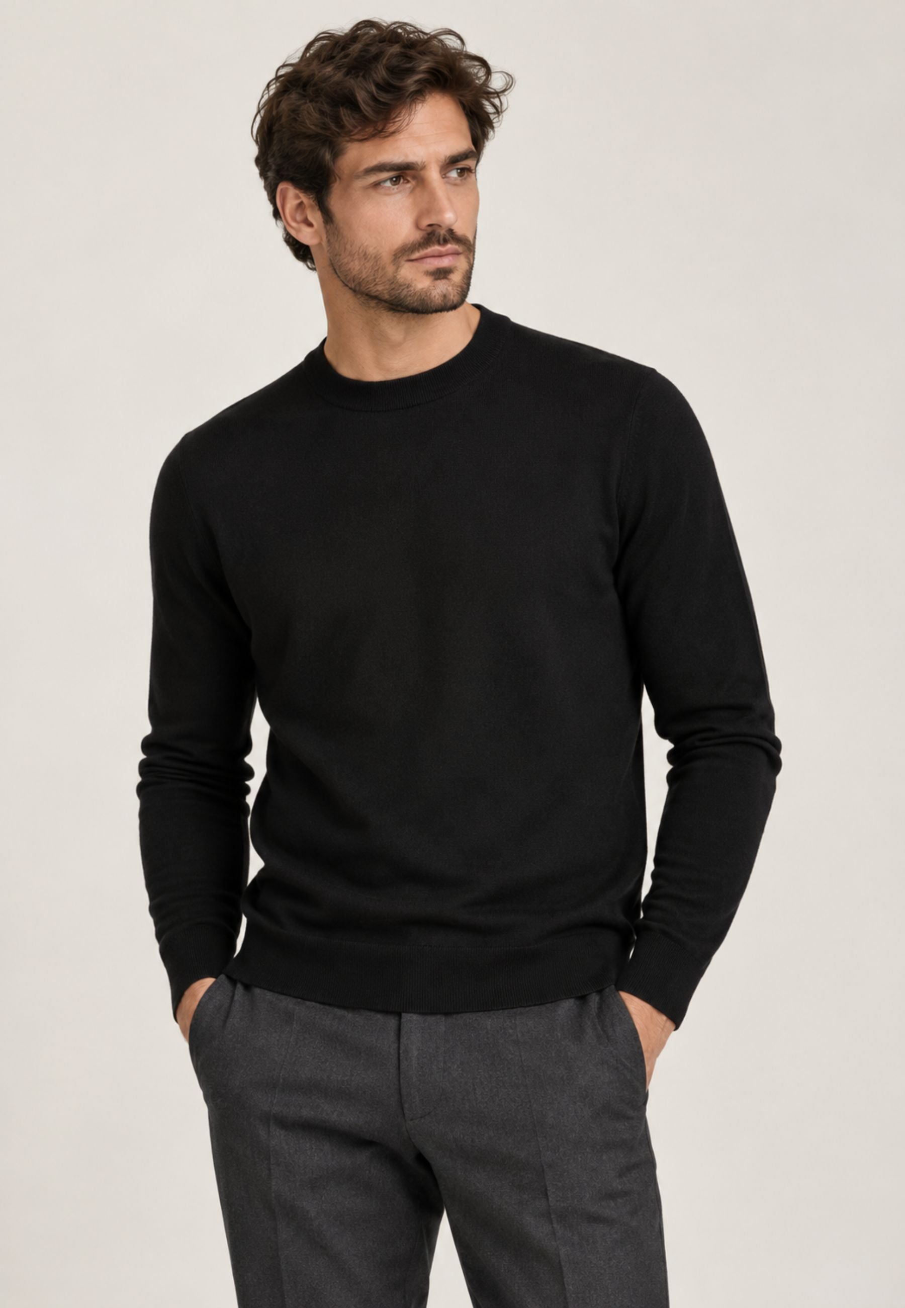 Paolo Pecora - Maglia Girocollo Uomo in Lana Merinos Extrafine - Nero 