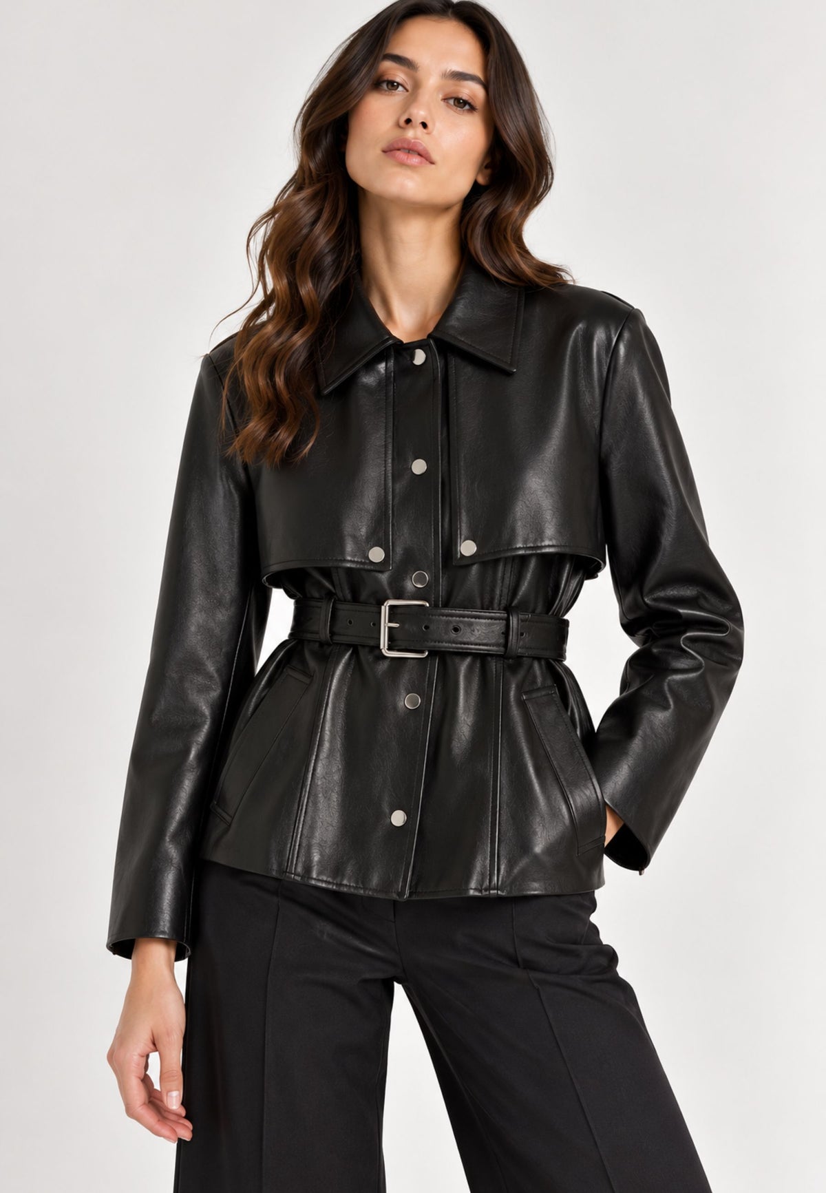 Sportmax - Giacca in pelle nera con cintura 