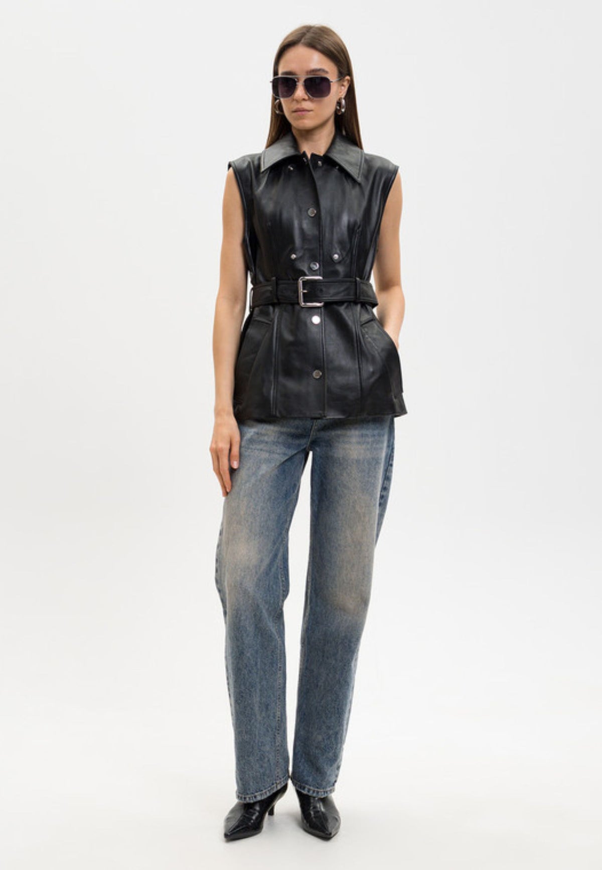 Sportmax - Giacca in pelle nera con cintura 