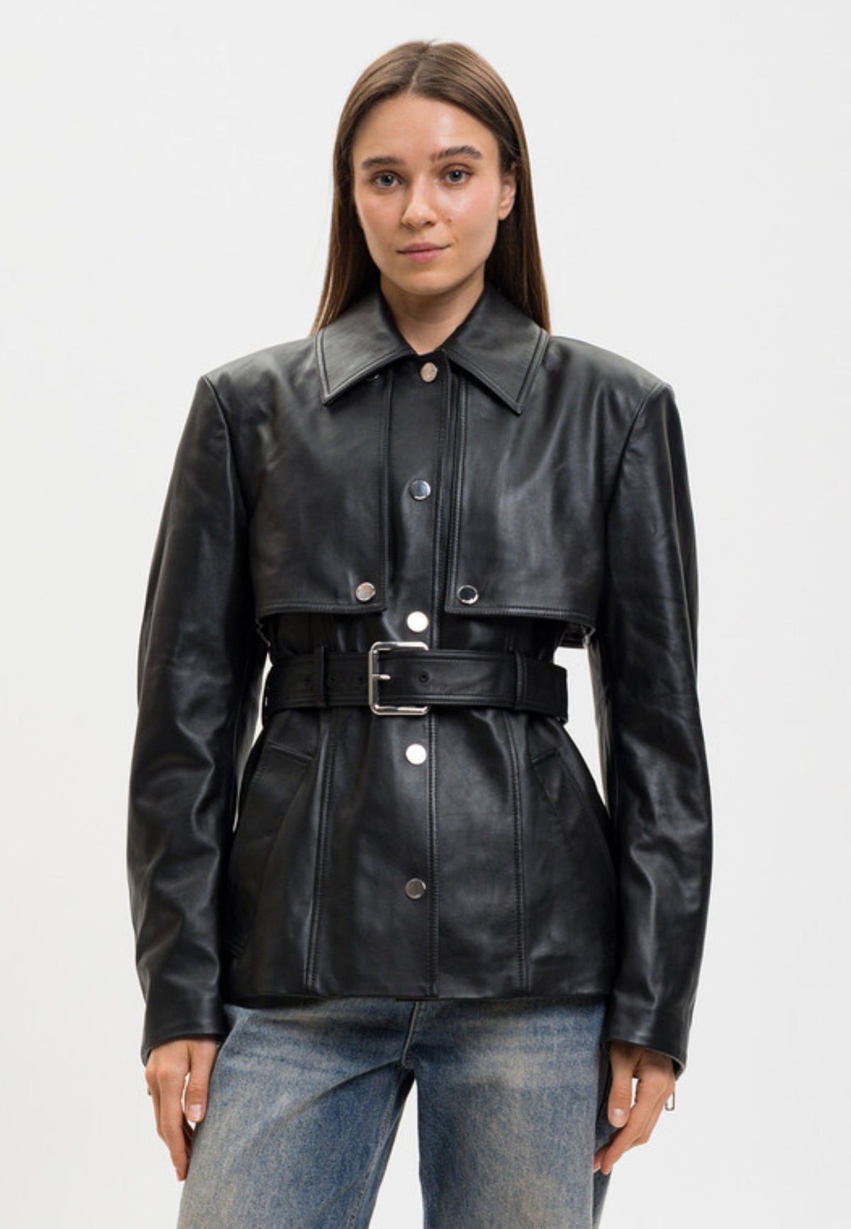 Sportmax - Giacca in pelle nera con cintura 
