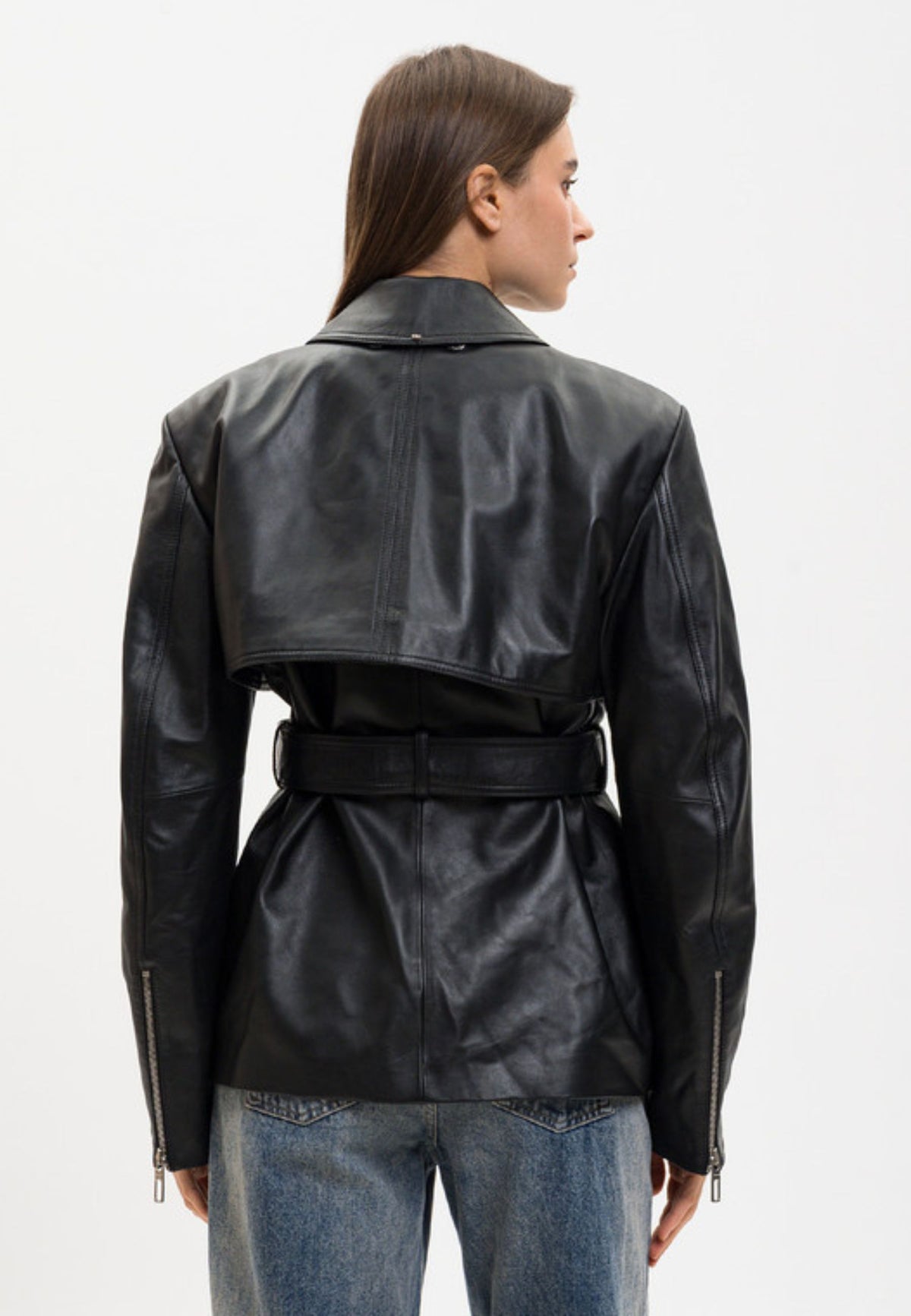 Sportmax - Giacca in pelle nera con cintura 