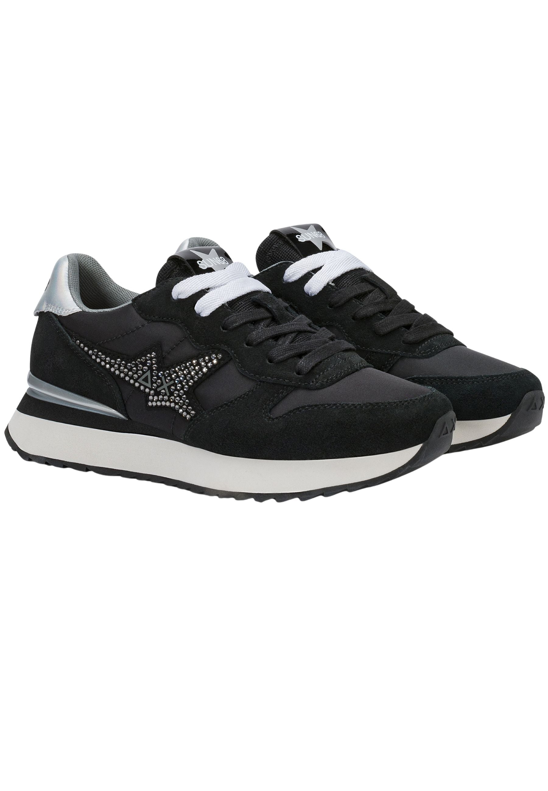 SUN68 Stargirl - Sneakers Donna in Suede e Nylon con Strass Nero 