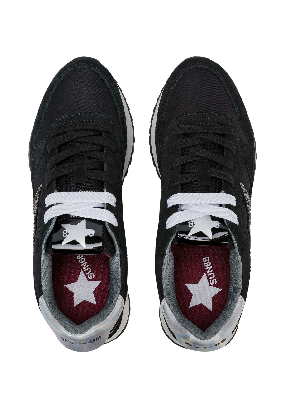 SUN68 Stargirl - Sneakers Donna in Suede e Nylon con Strass Nero 