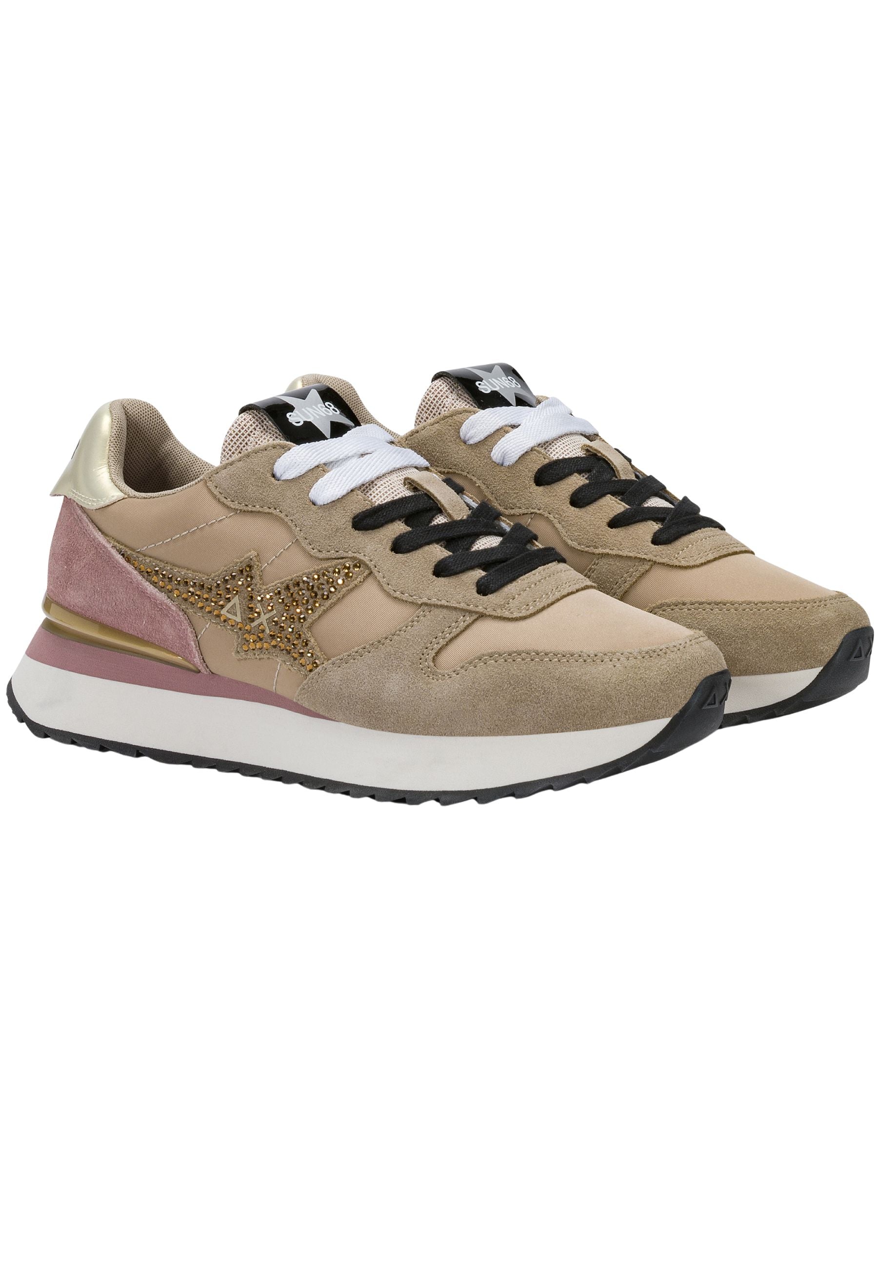 SUN68 Stargirl - Sneakers Donna in Suede e Nylon con Strass Beige Scuro 