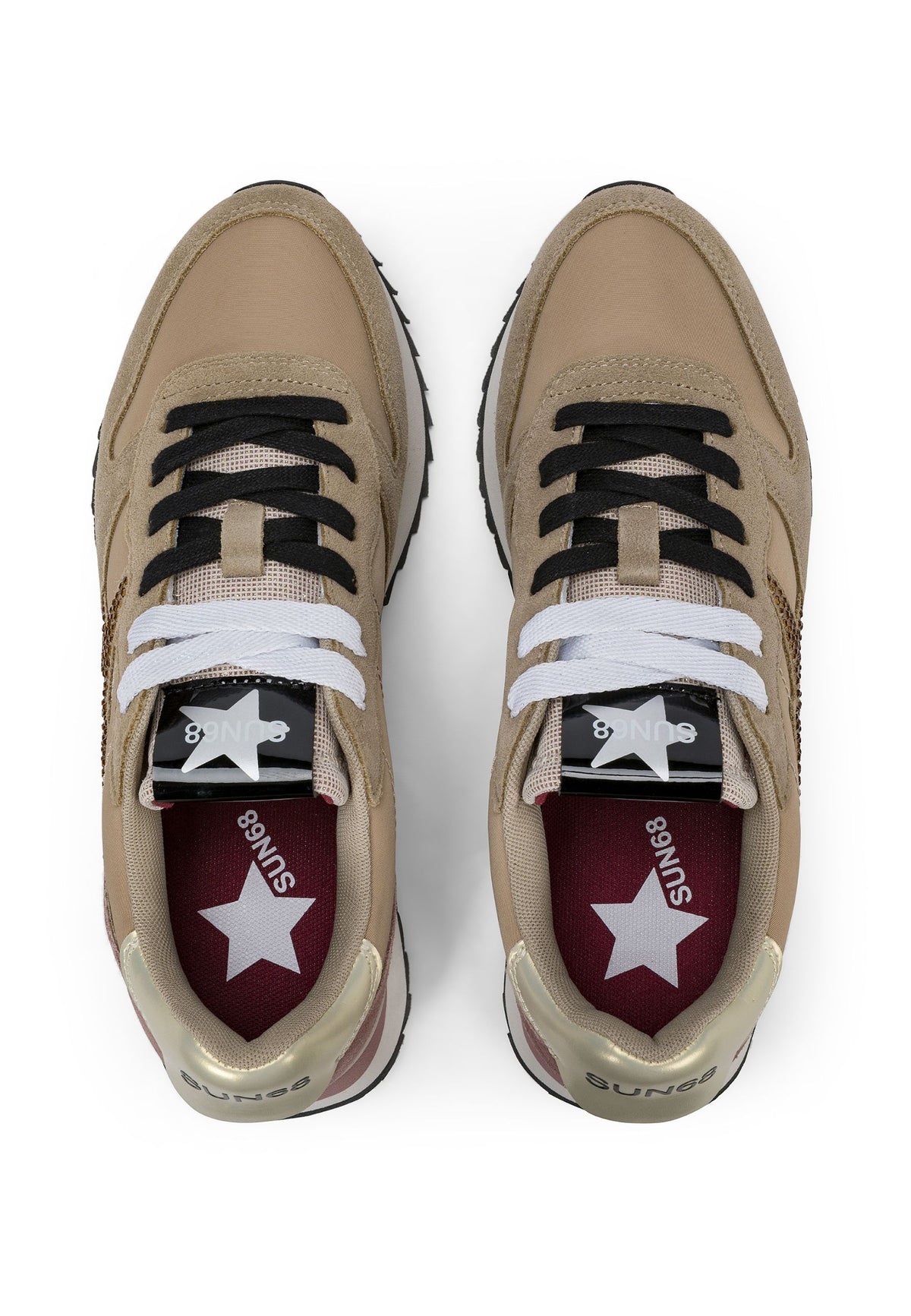 SUN68 Stargirl - Sneakers Donna in Suede e Nylon con Strass Beige Scuro 