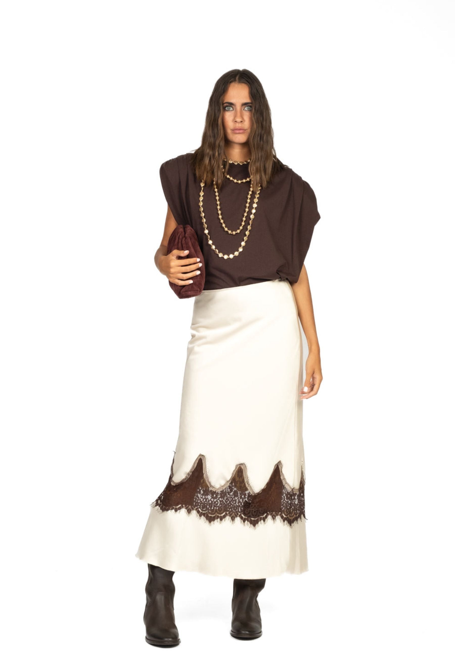 Tensione In - Gonna lunga in satin con intarsio in pizzo 