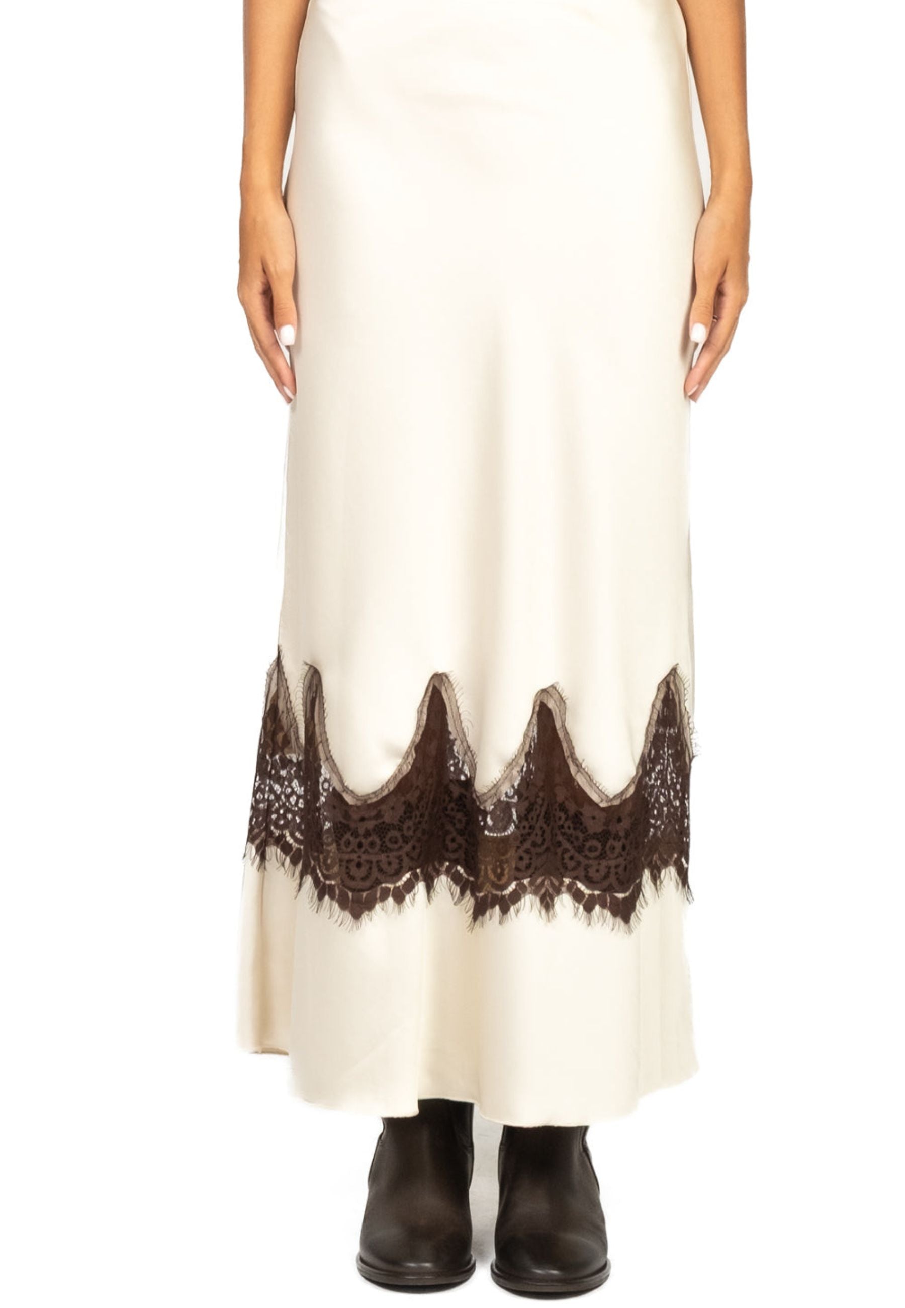 Tensione In - Gonna lunga in satin con intarsio in pizzo 