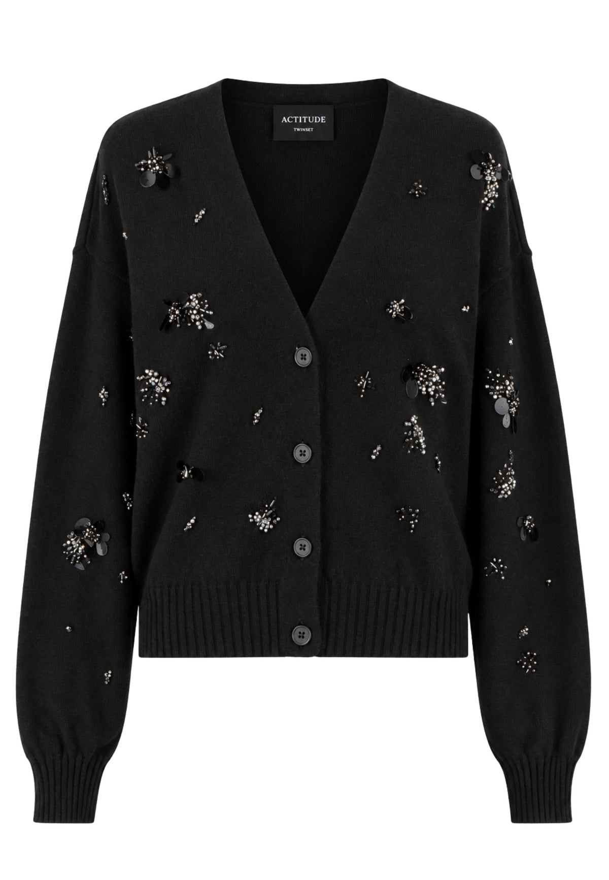ACTITUDE - Cardigan nero con applicazioni gioiello 