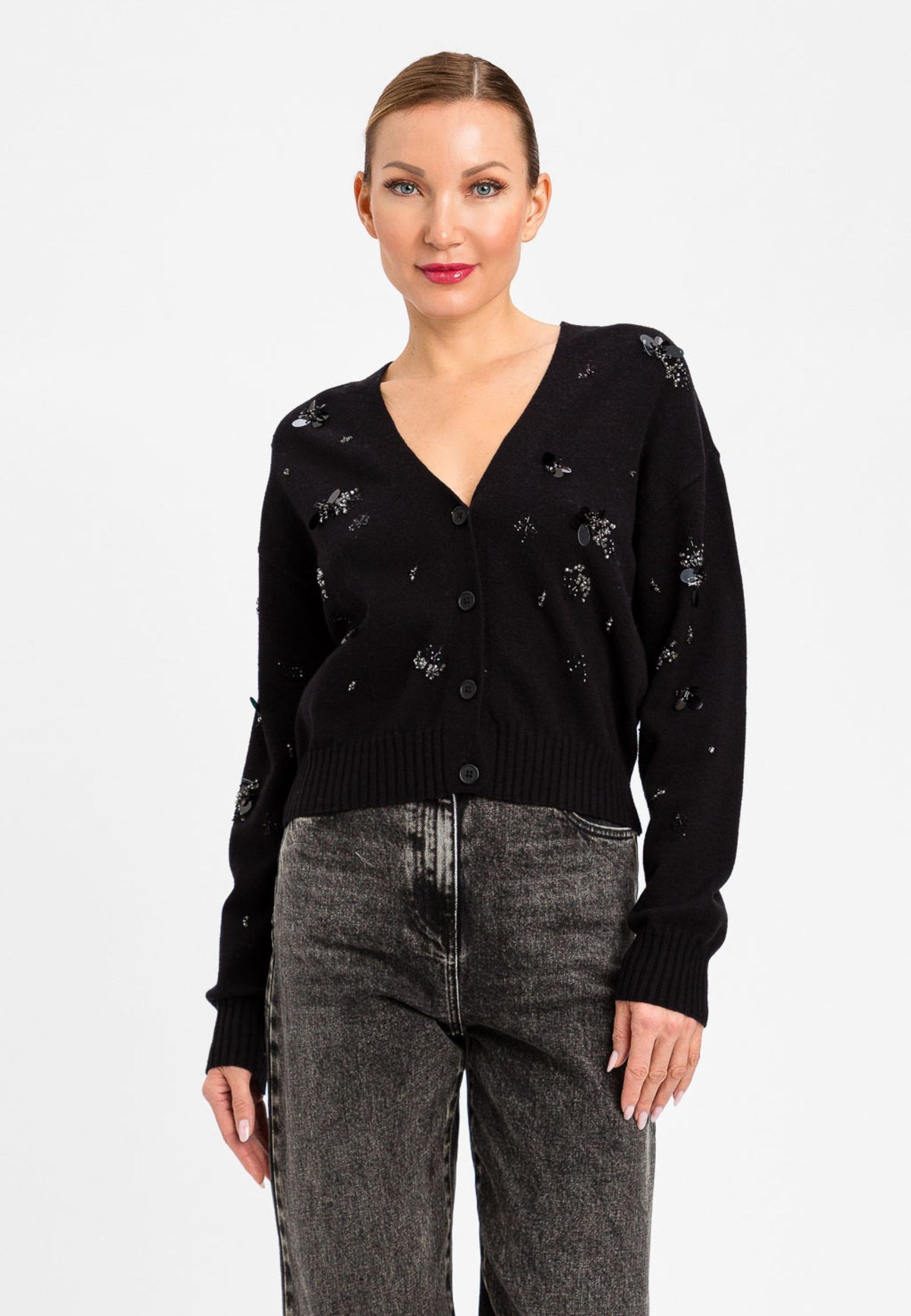 ACTITUDE - Cardigan nero con applicazioni gioiello 