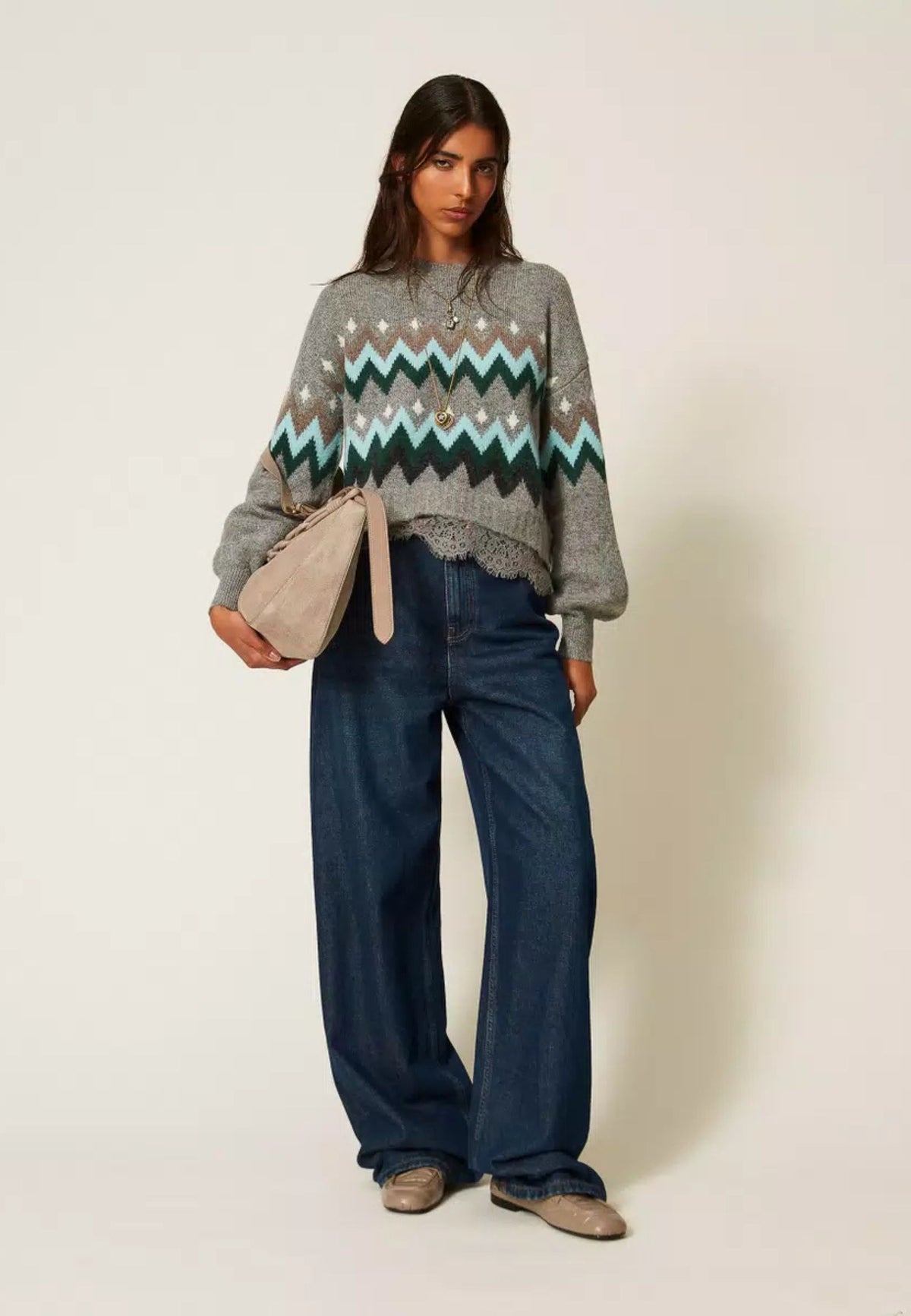 Twinset Actitude - Maglia Jacquard Chevron con Pizzo 