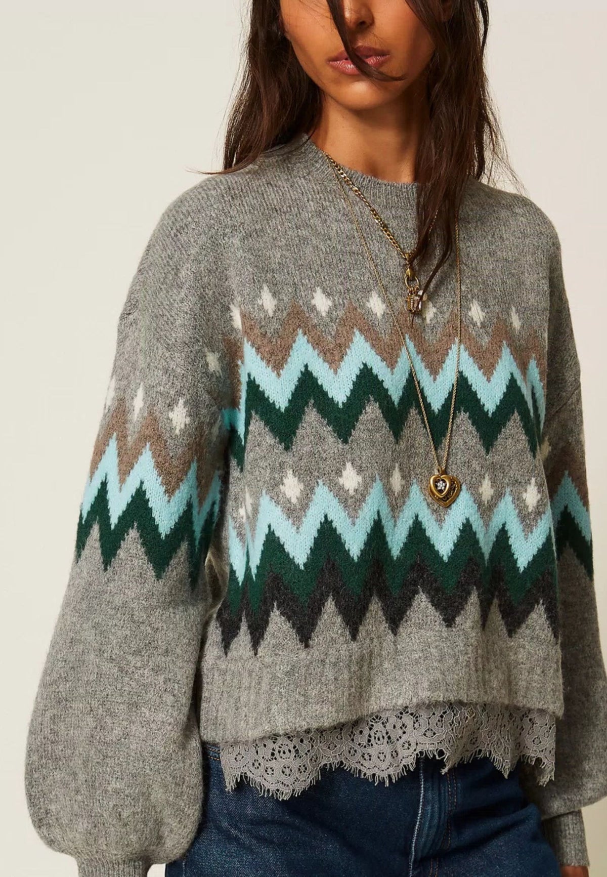 Twinset Actitude - Maglia Jacquard Chevron con Pizzo 