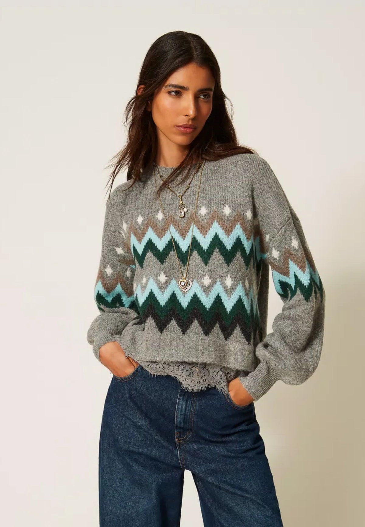 Twinset Actitude - Maglia Jacquard Chevron con Pizzo 