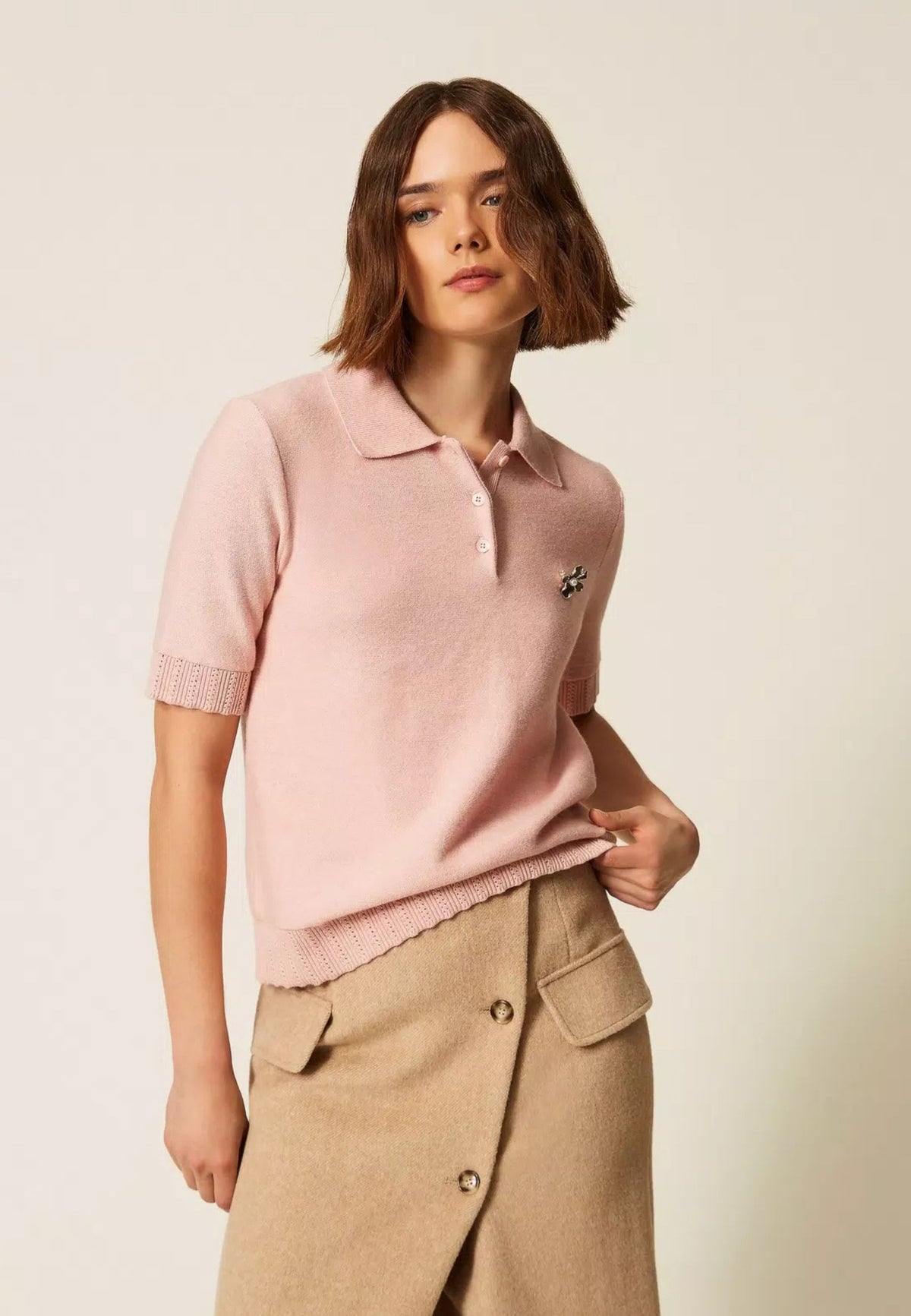 Twinset - Maglia Polo con Spilla Powder Rose 