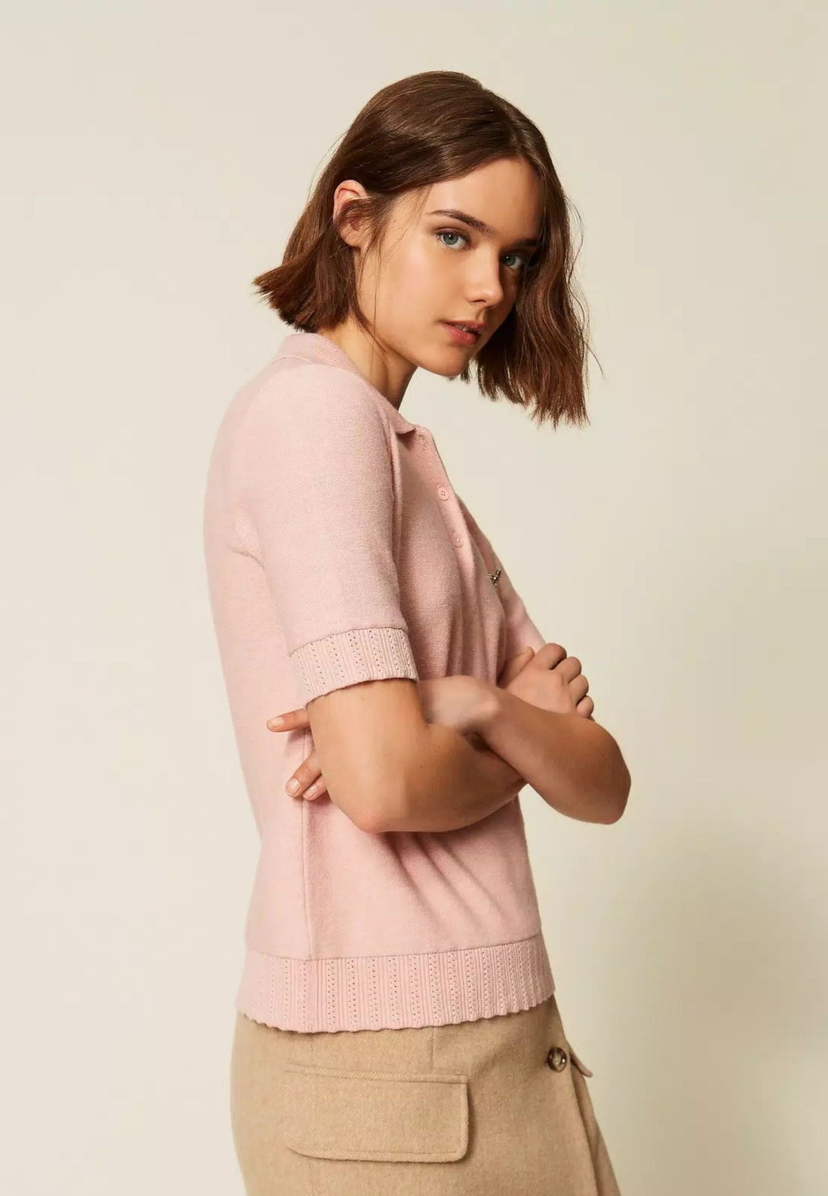 Twinset - Maglia Polo con Spilla Powder Rose 