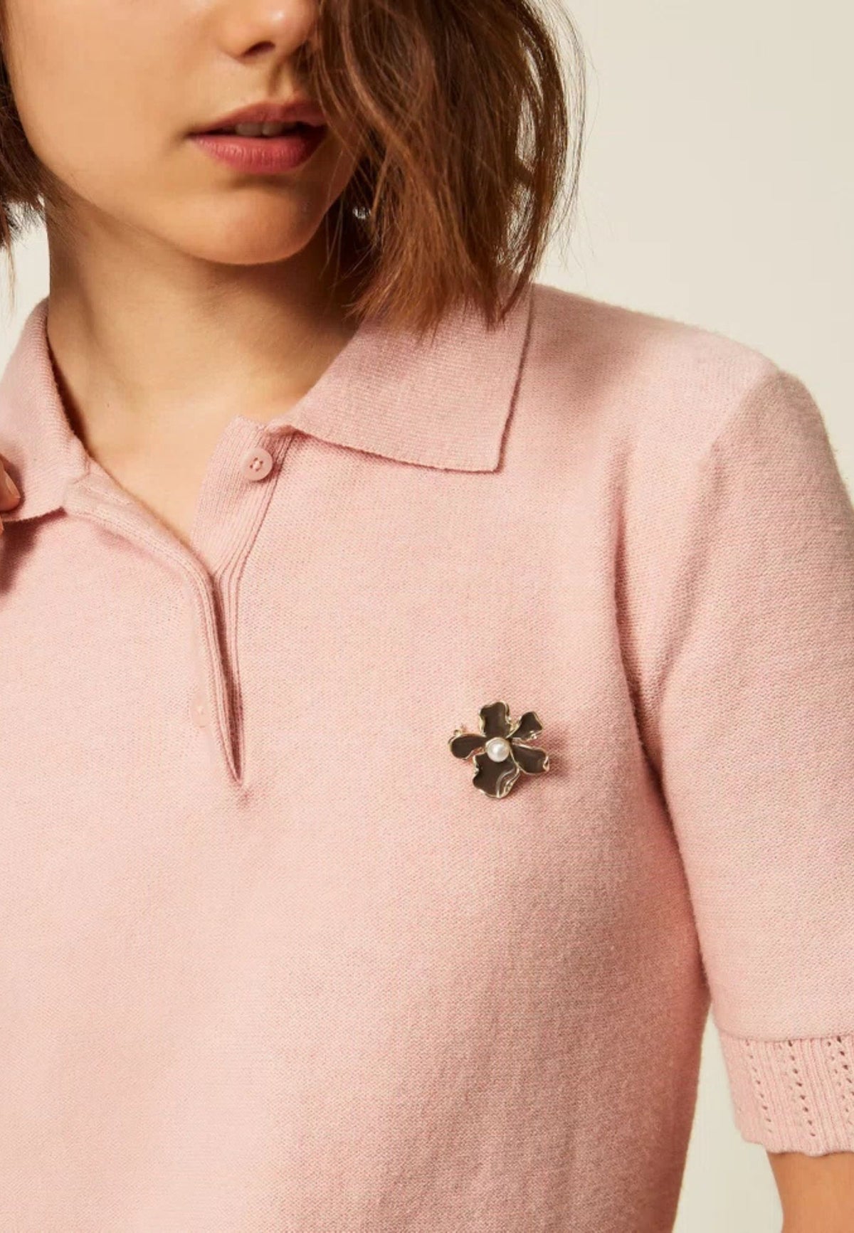 Twinset - Maglia Polo con Spilla Powder Rose 