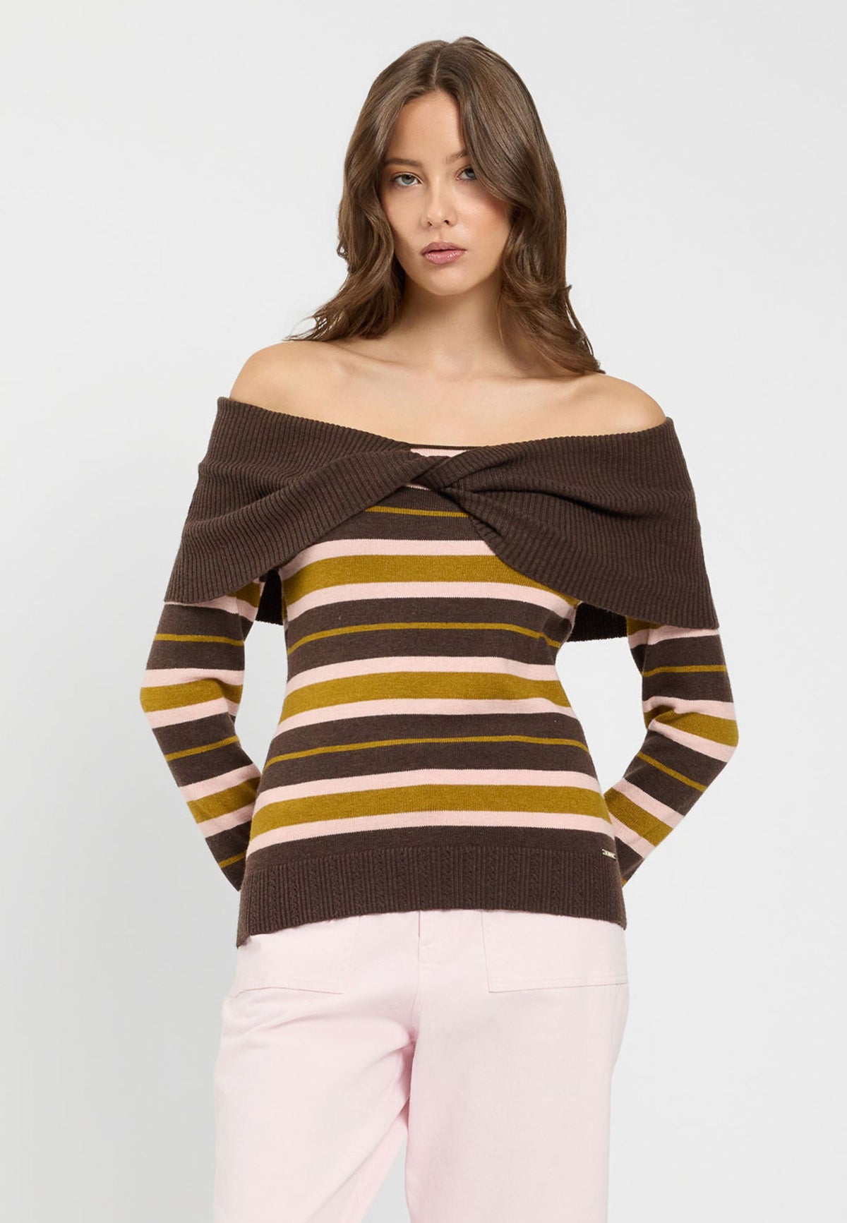 TWINSET - Maglia a Righe con Scollo Bardot 